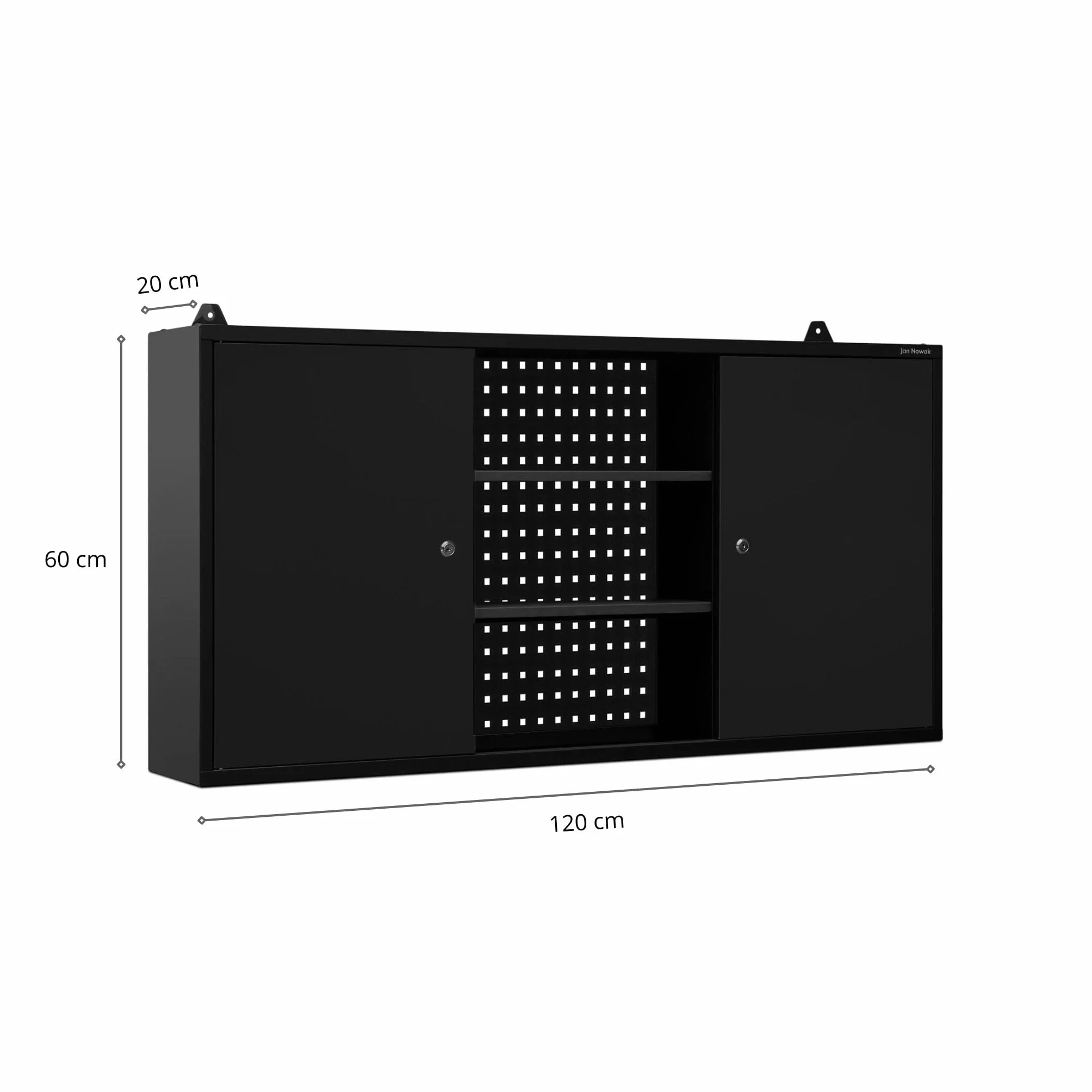 Szafka Metalowa Wisząca na Narzędzia do Warsztatu JAN NOWAK BEN | Narzędziowa Perforowana Garażowa Warsztatowa Dwie Zamykane Szafki Dwie Półki Na Akcesoria | 120 x 60 x 20 cm (Czarna)