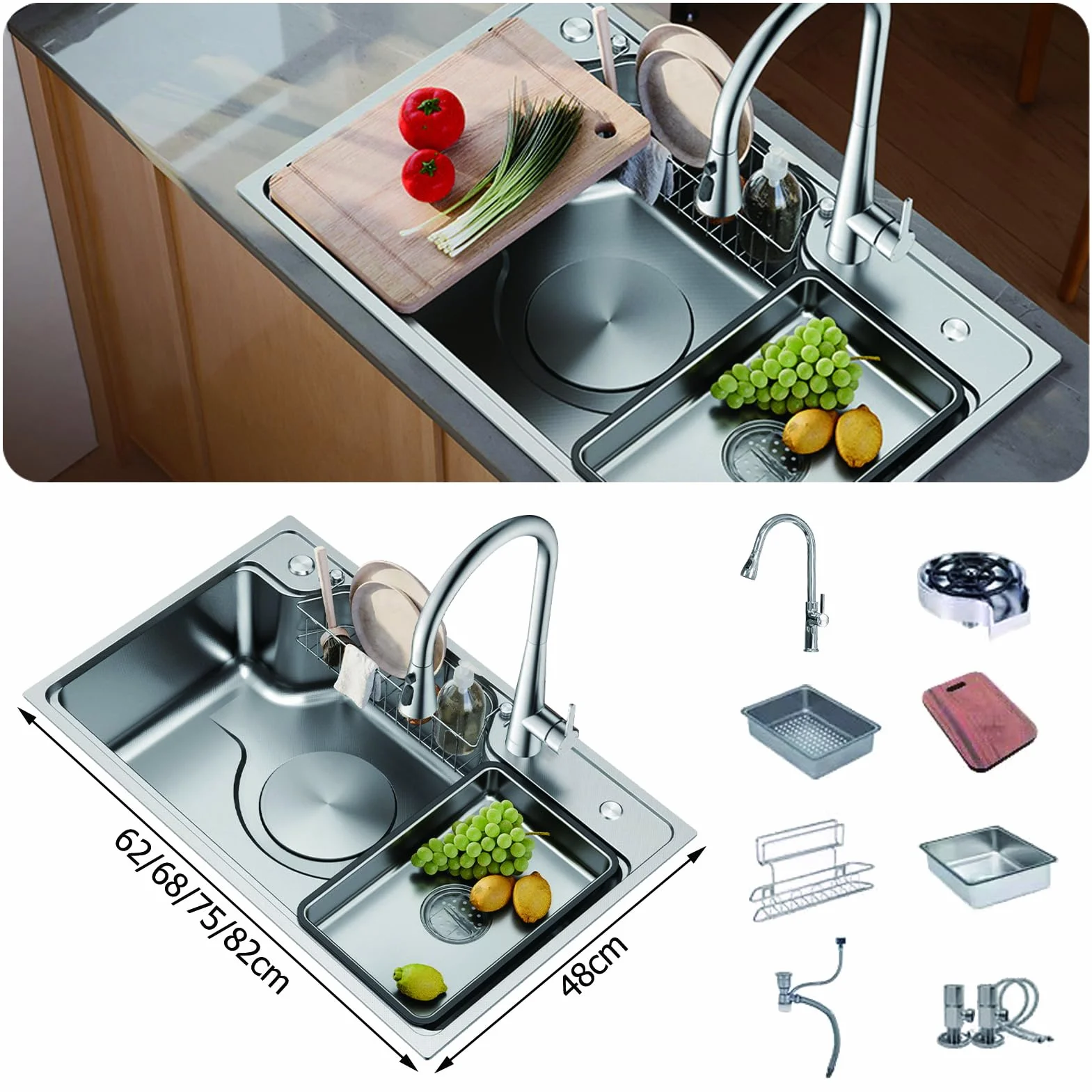 Zlewozmywak kuchenny ze stali nierdzewnej 82 x 48 cm - nowoczesny prostokątny model z 1 pojemnikiem z kranem, deska do krojenia, przelewowy syfon i korek do użytku wewnętrznego