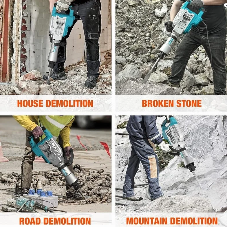 Łamacz betonu, Młot udarowy 1700 W, 14 A, elektryczny, przewodowy, do ciężkich prac, do łamania nawierzchni betonowych, z walizką, dłuto płaskie, wiertarka udarowa
