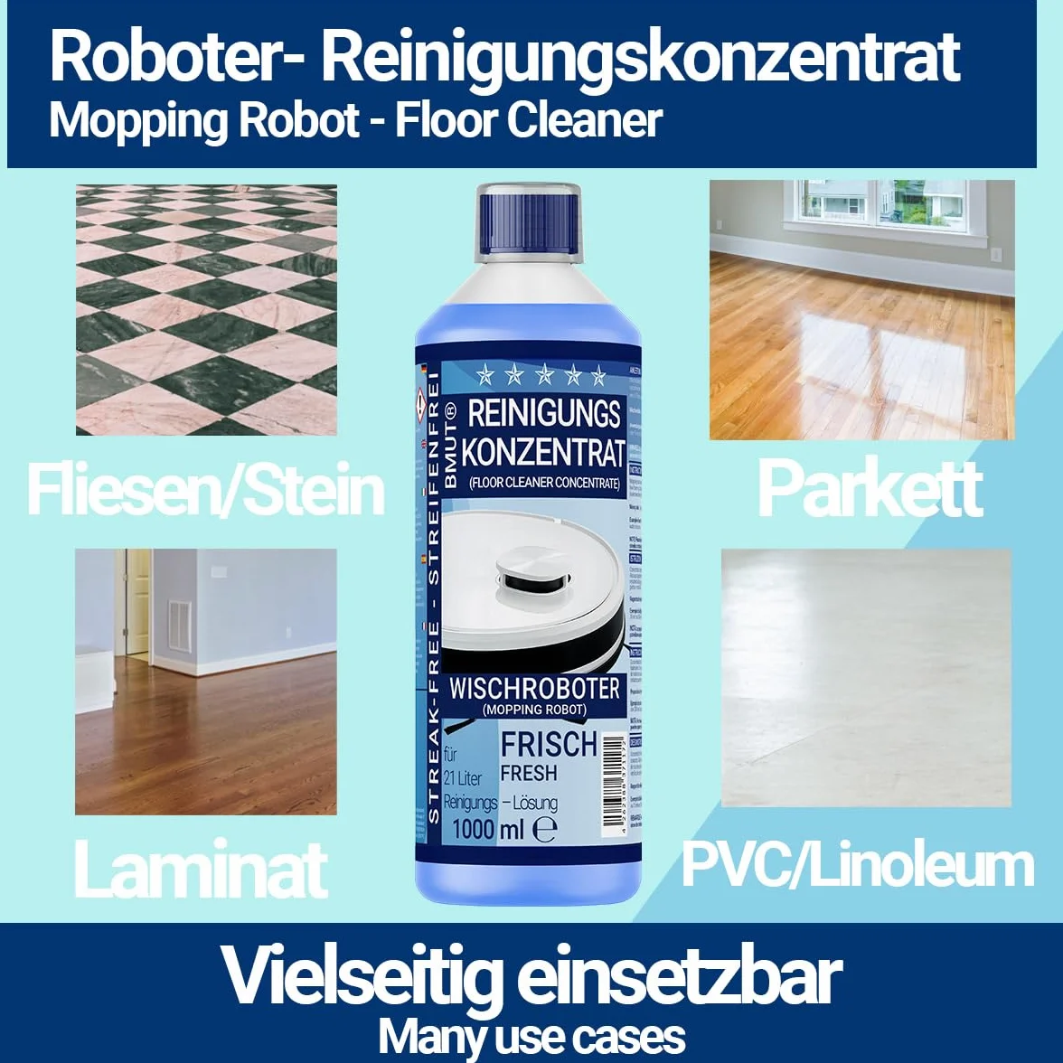 1 x 1000 ml koncentrat do czyszczenia robota myjącego, bardzo świeży zapach, nie pozostawia smug i nie pieni się + kubek dozujący | środek do czyszczenia podłóg i wiele innych.