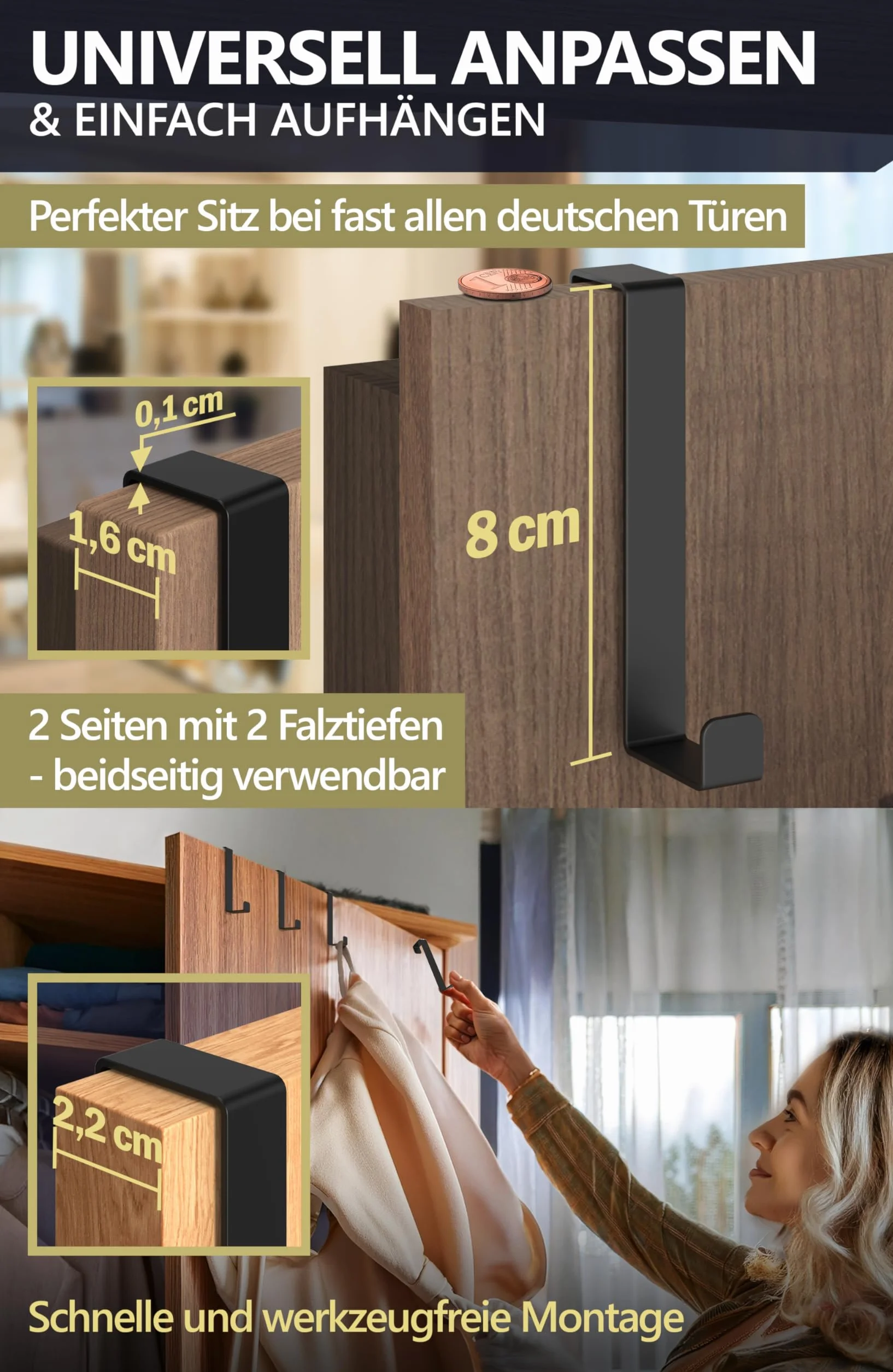 4smile Haczyki na drzwi – zestaw 10 sztuk, czarne – stalowe haczyki do zawieszenia, uniwersalne zastosowanie, solidne wieszaki na ubrania, listwa na drzwi