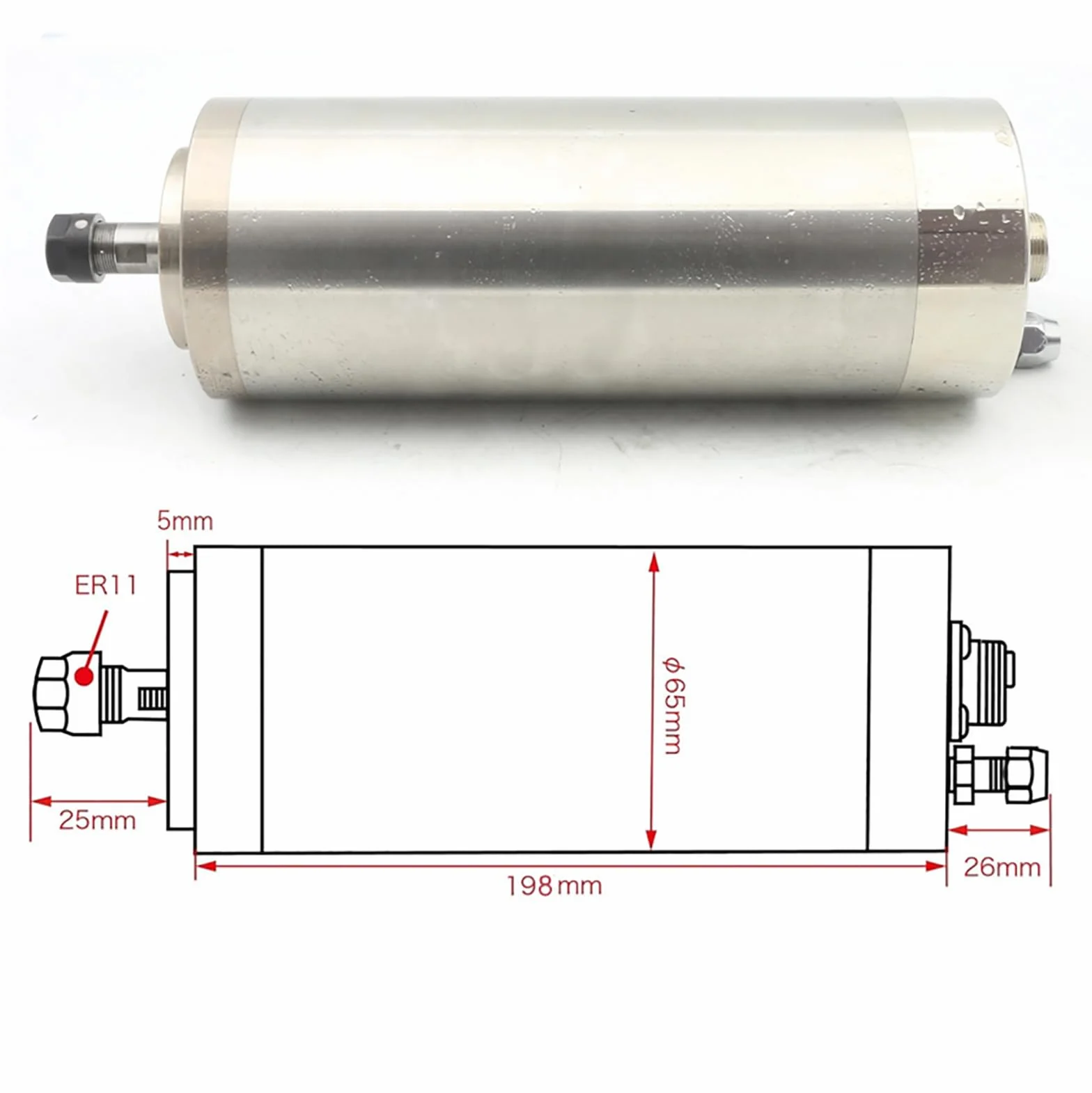 RATTMMOTOR Silnik wrzecionowy 0,8 kW, 800 W CNC wrzeciono chłodzone wodą 65 mm 220 V wodoodporne wrzeciono frezujące 24000RP 400HZ ER11 do frezarki do grawerowania CNC