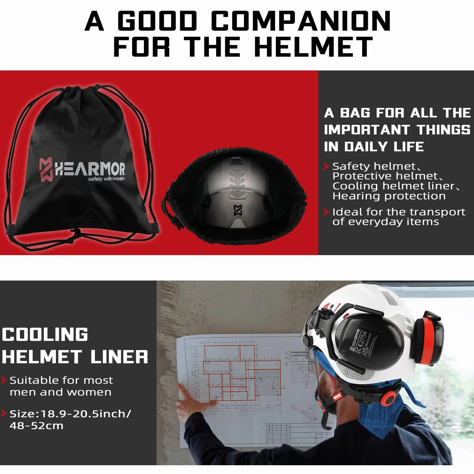 HEARMOR Kask ochronny 3 w 1 z ochroną słuchu i wizjerem, kask roboczy z certyfikatem EN 397 do prac leśnych, budowlanych i wspinaczkowych, łącznie z przenośną torbą i chłodzącą wkładką do kasku