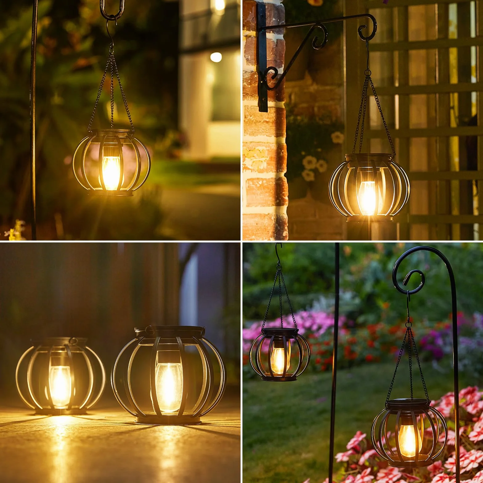 BUCASA Wiszące lampy ogrodowe do użytku na zewnątrz, 2 sztuki latarnie solarne do użytku na zewnątrz, z dużą żarówką LED, wodoszczelność, metalowe, lampy solarne do użytk (Okrągły czarny, 2 Pack)