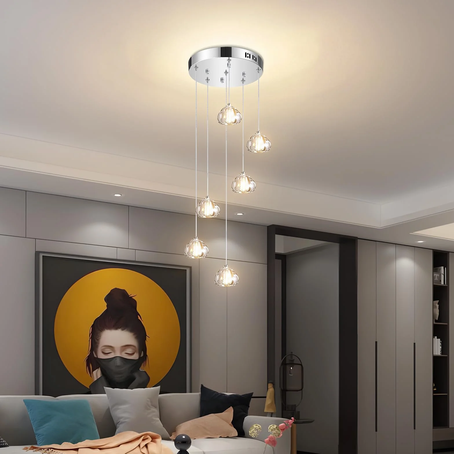 H.W.S Nowoczesna lampa wisząca LED, żyrandol Villa, regulowana wysokość, lampa wisząca szkło, do salonu, jadalni, przedpokoju, schodów, hotelu (6-punktowa, Okrągła, Chrom)
