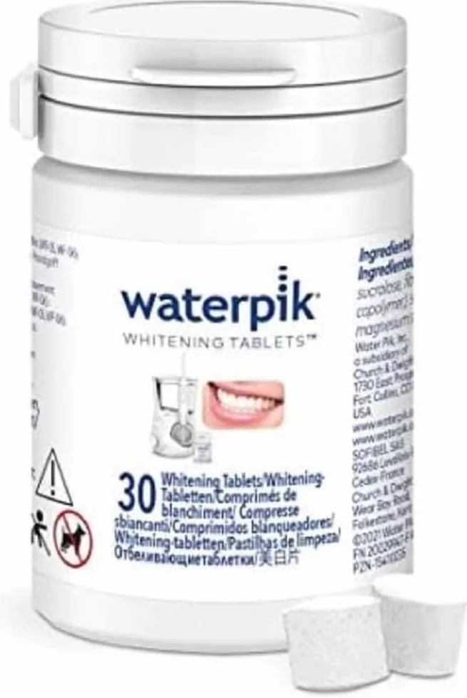 Waterpik Tabletki do wybielania wody do wybielania, tabletki do wybielania zębów Waterpik Flosser, smak świeżej mięty, kompatybilne z modelami Waterpik WF-05 i WF-06, 30 tabletek