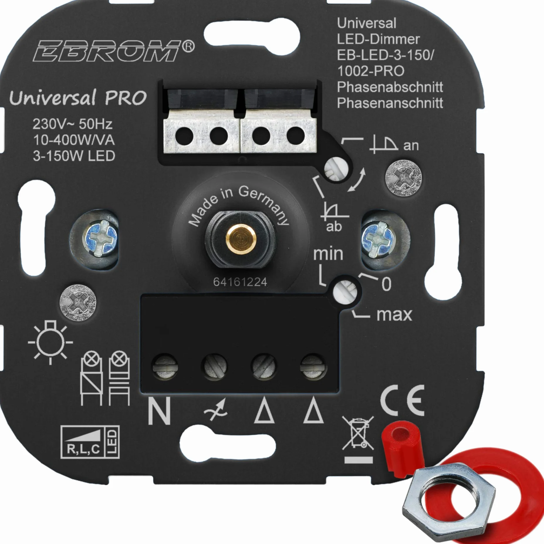 EBROM® Podtynkowy uniwersalny ściemniacz obrotowy LED + osłona ściemniacza 6540-84-102, biała studyjna, błyszcząca, Future Linear, sekcja faz i przycinanie faz do LED 3-150 W i halogenu 10-400 W/VA