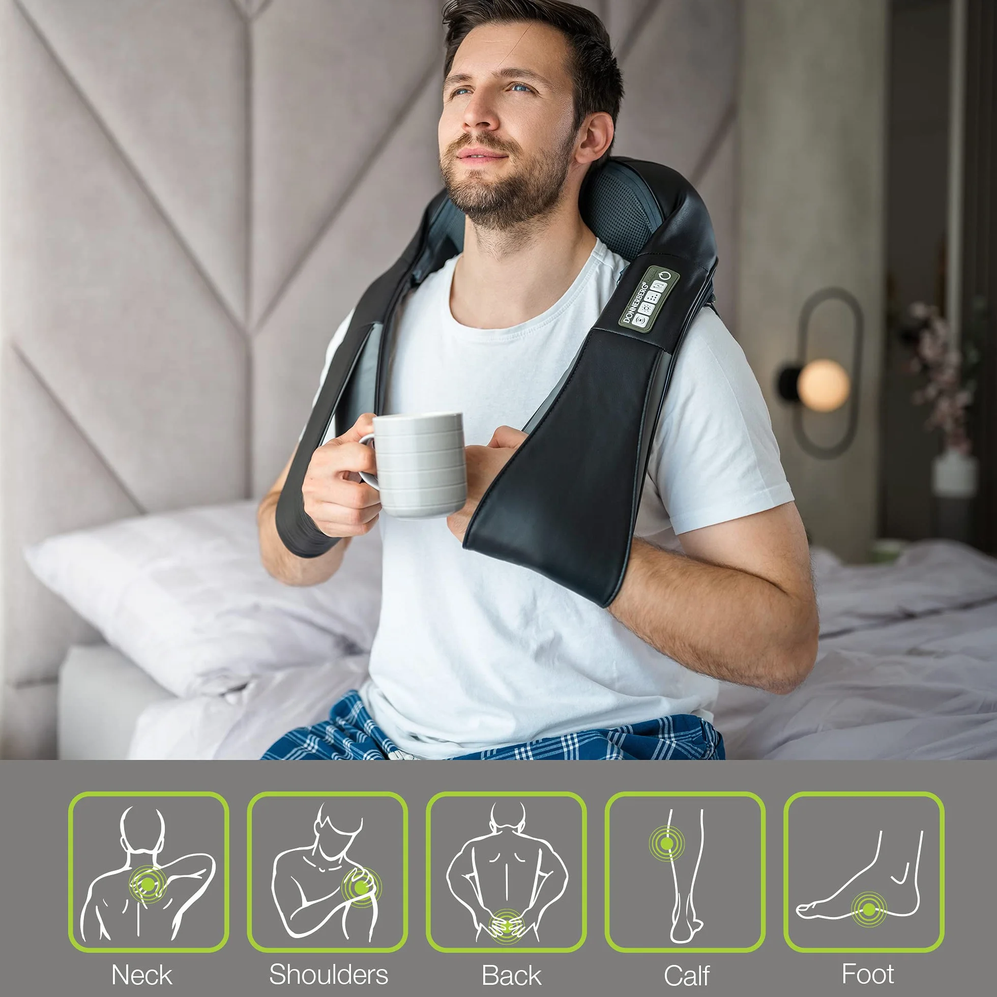 Donnerberg masażer Shiatsu do pleców i ramion. Niemiecka marka. Dogłębny masaż oklepujący. Poduszka z masażerem, z funkcją grzania i wibracjami mięśni, ulga w bólu.