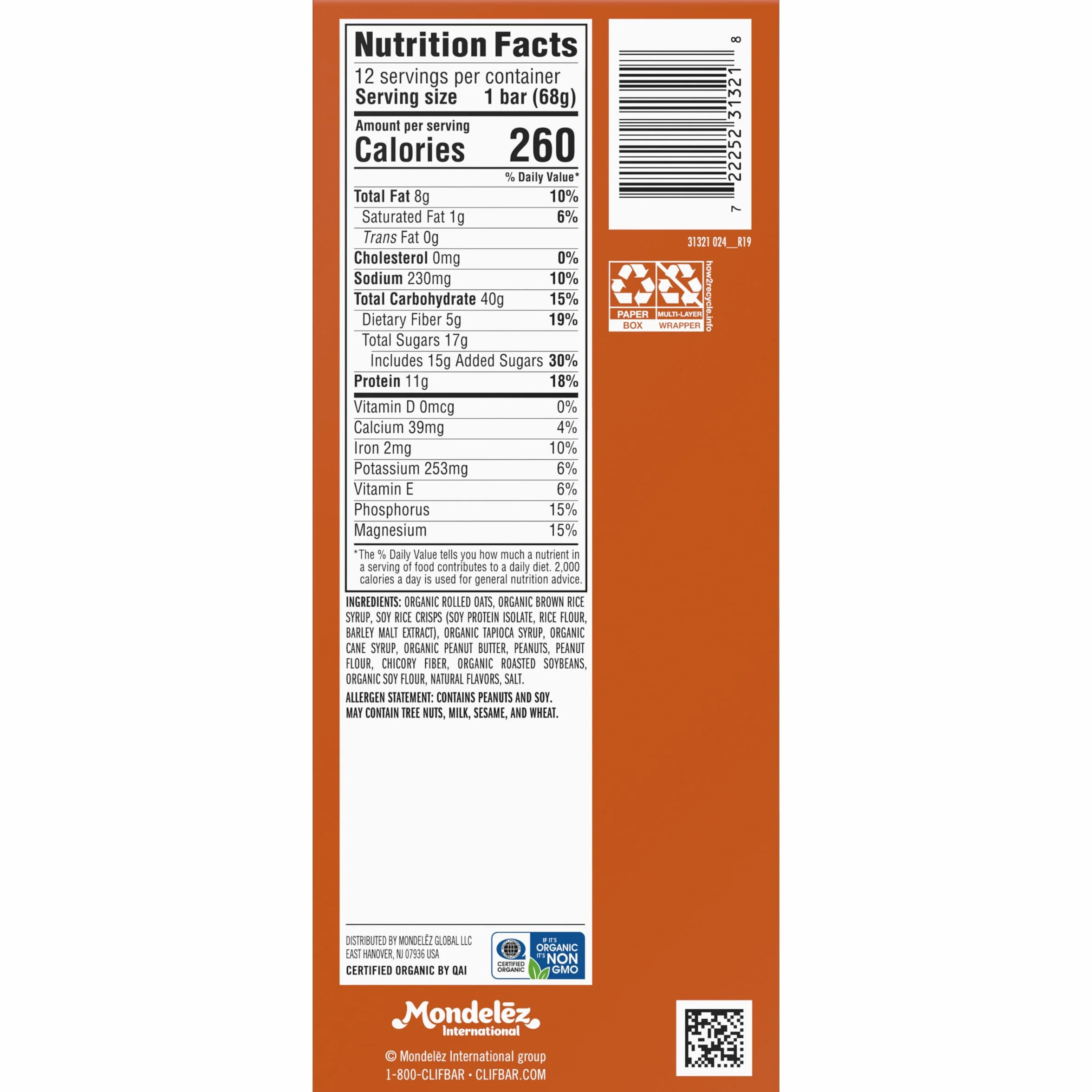 Clif Bar Crunchy Peanut Butter Energy Bars, 12 barów / pudełko