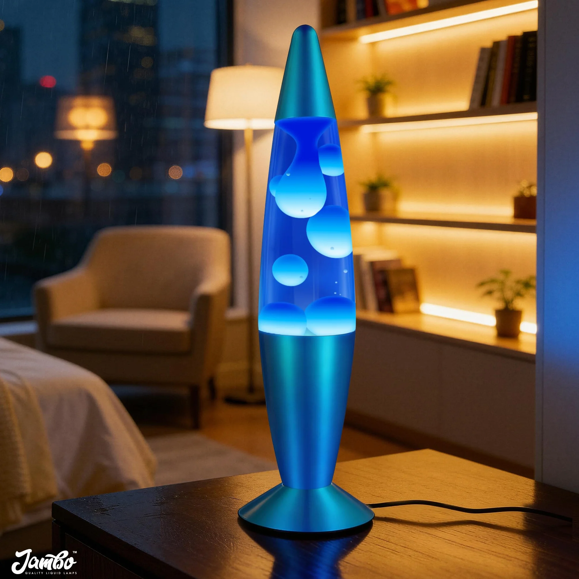 Jambo Przepiękna lampa do poruszania się płynem z woskiem niczym lawa, zabawa dla dorosłych, młodzieży i dzieci (niebieska podstawa, niebieski płyn, biały wosk, 40 cm)