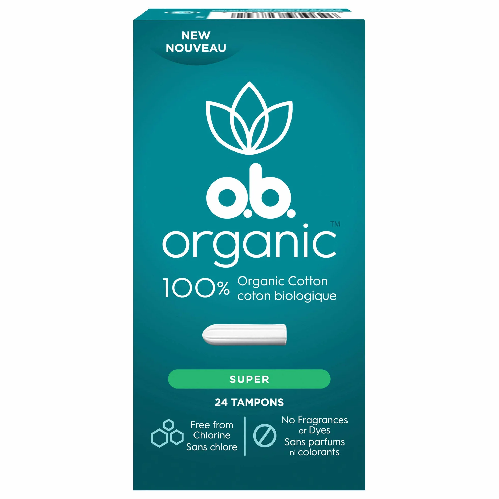 o.b. Tampony organiczne, wykonane w 100% z bawełny organicznej, sprawdzona 8-godzinna ochrona przed wyciekami, Super, 24 sztuki