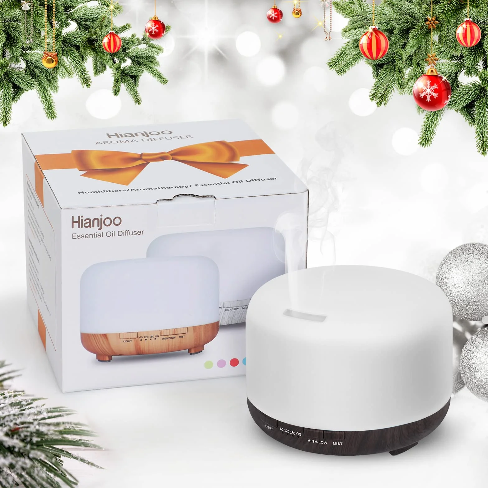 Hianjoo Dyfuzor zapachowy, 450 ml, nawilżacz powietrza, z timerem, ultradźwiękowy dyfuzor do aromaterapii, 7 kolorów LED, z pilotem zdalnego sterowania, do sypialni, biura, jogi, spa, ciemne drewno