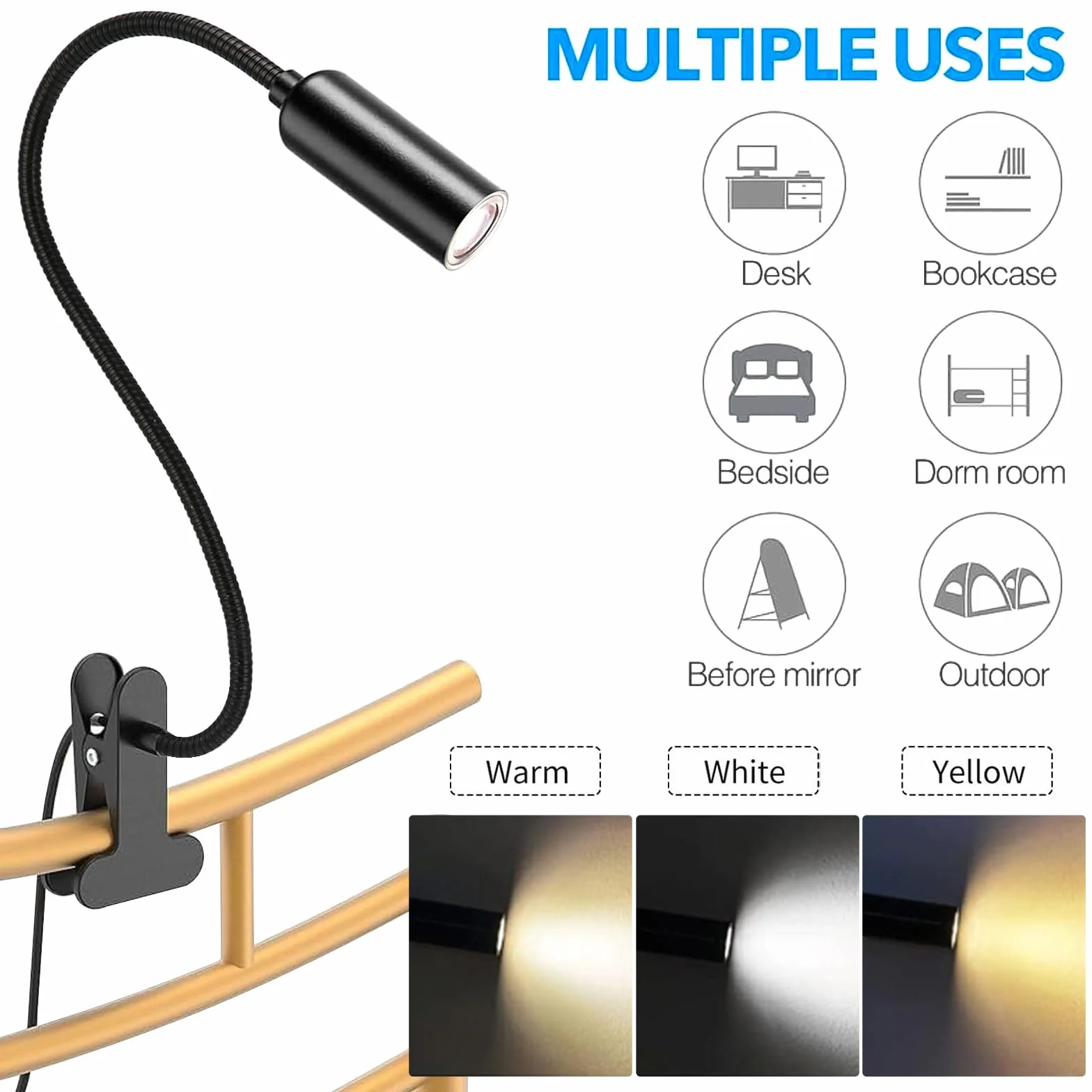 2 sztuki lamp zaciskowych LED z wtyczką, lampa biurkowa LED, zaciskowa, lampka do czytania książek, zacisk kablowy, lampka do czytania, zacisk do łóżka, elastyczna łabędzia szyja 360°, na biurko