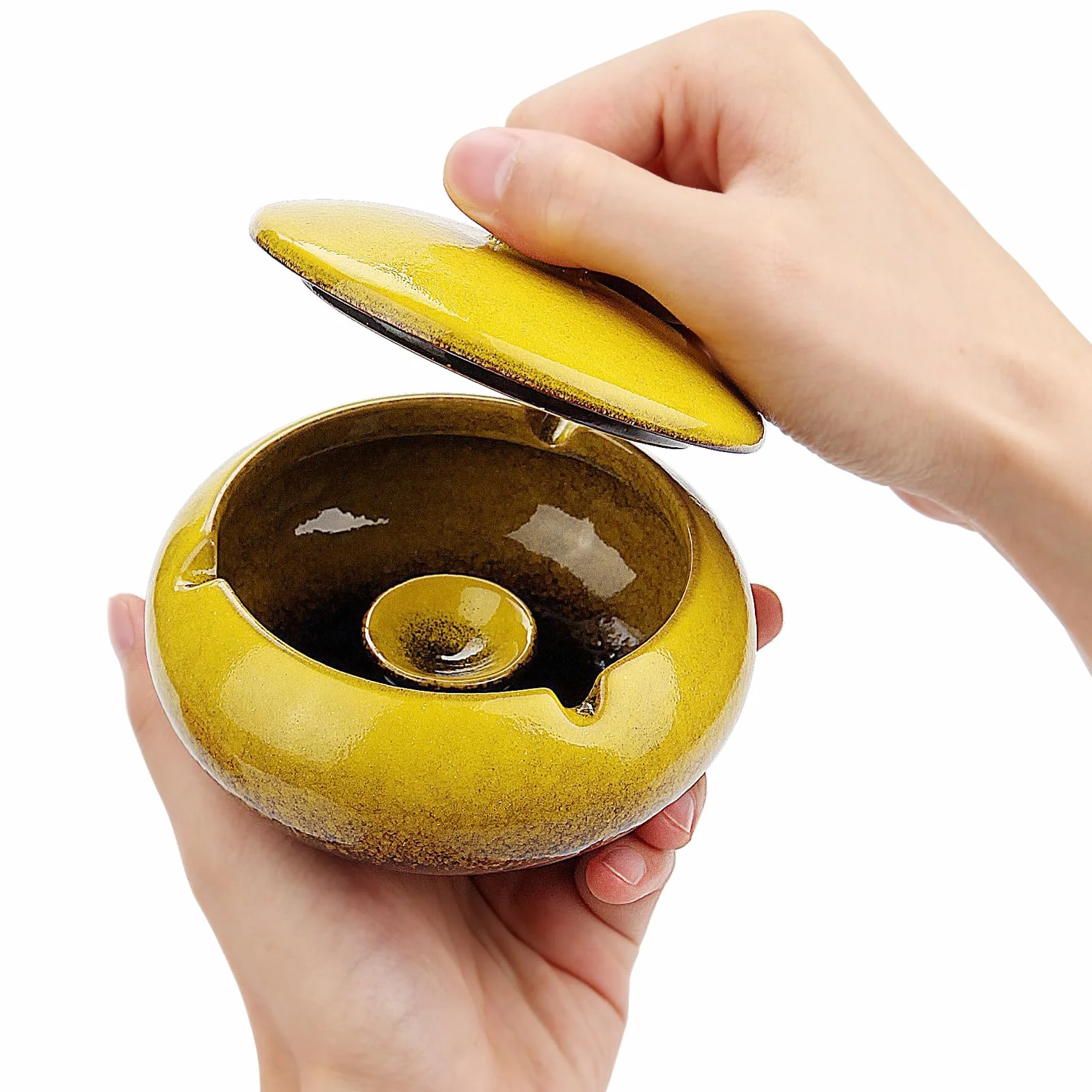Ceramiczna popielniczka do papierosów, z pokrywką, retro, wiatroszczelna, bezzapachowa, na zewnątrz, dla domu, biura, sypialni, balkonu, stolik kawowy, żółta