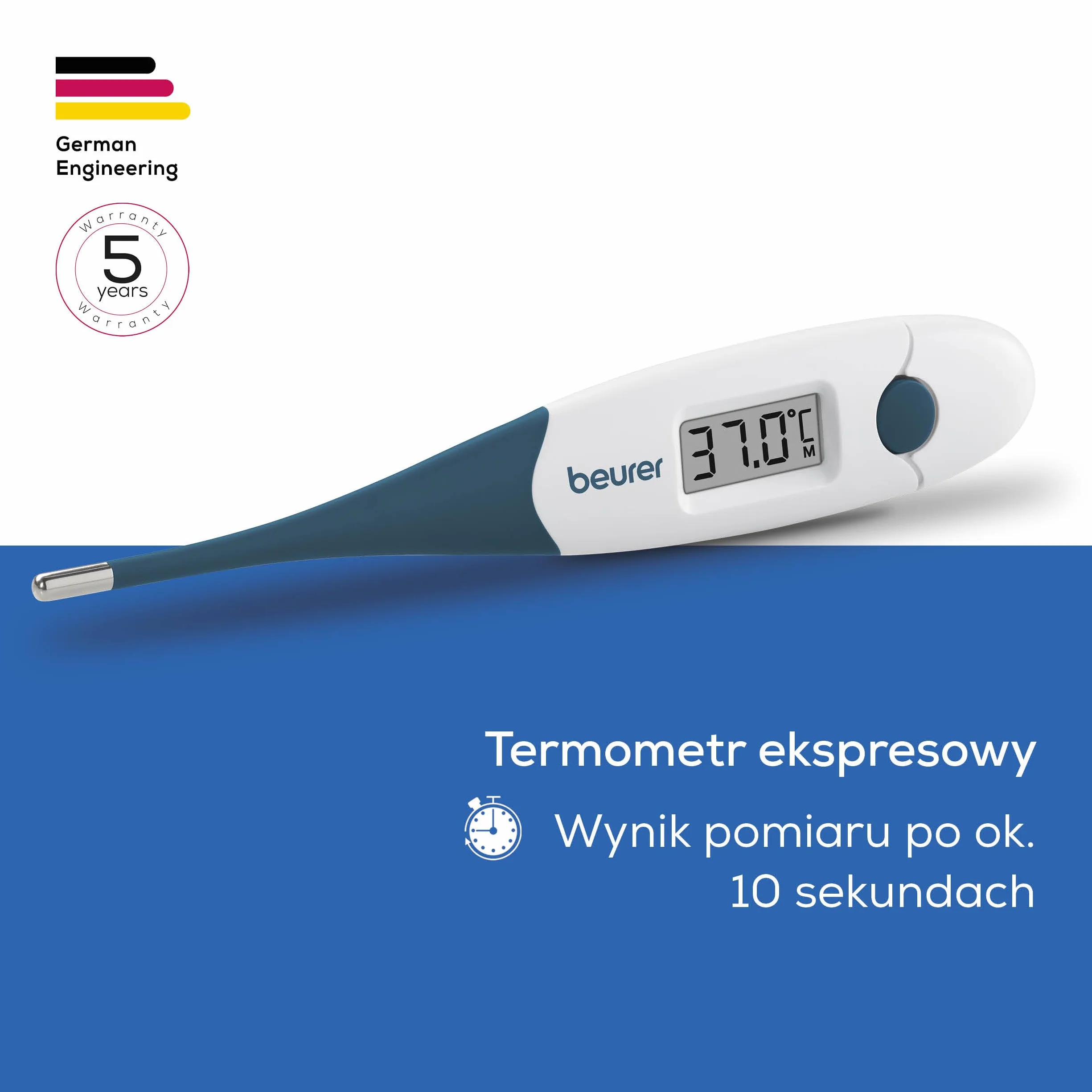 Beurer FT 17 cyfrowy termometr kliniczny, termometr z giętką końcówką pomiarową do pomiaru w jamie ustnej, w odbycie i pod pachą, wynik pomiaru w ciągu 10 sekund, wskaźnik temperatury, biały