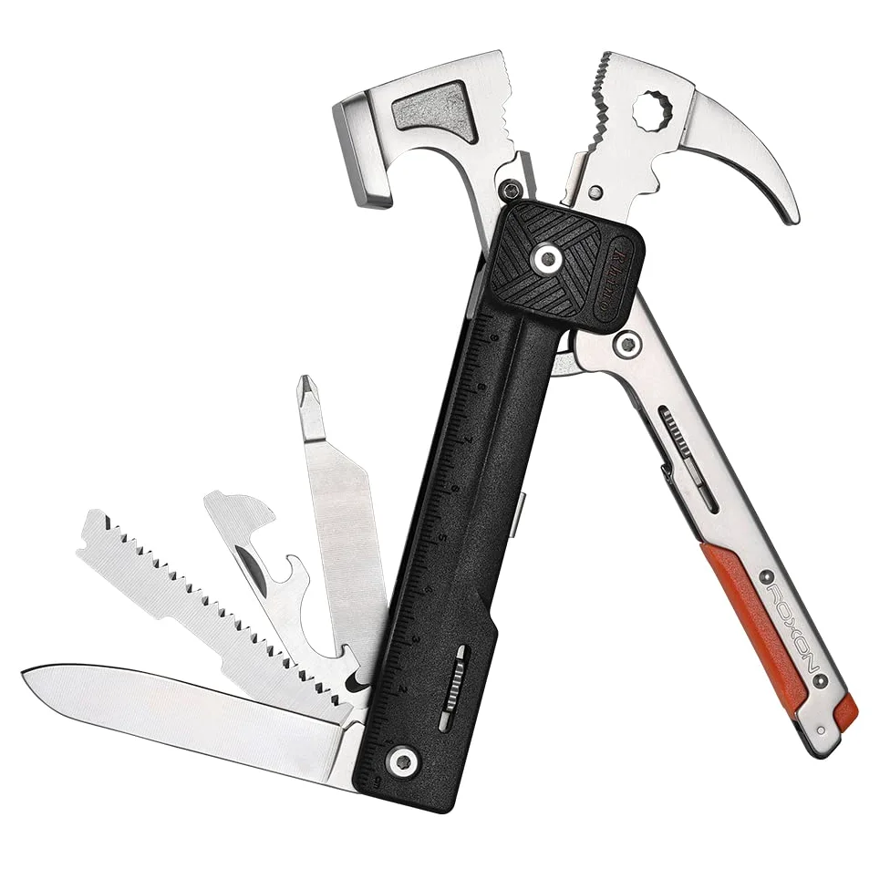Roxon 16 w jednym narzędzi Hammer Multitool z krzemieniem | wymiennym nożem, najlepsze akcesoria kempingowe z szczypcami, nożem, otwieracz do butelek, piła, władca dla mężczyzn