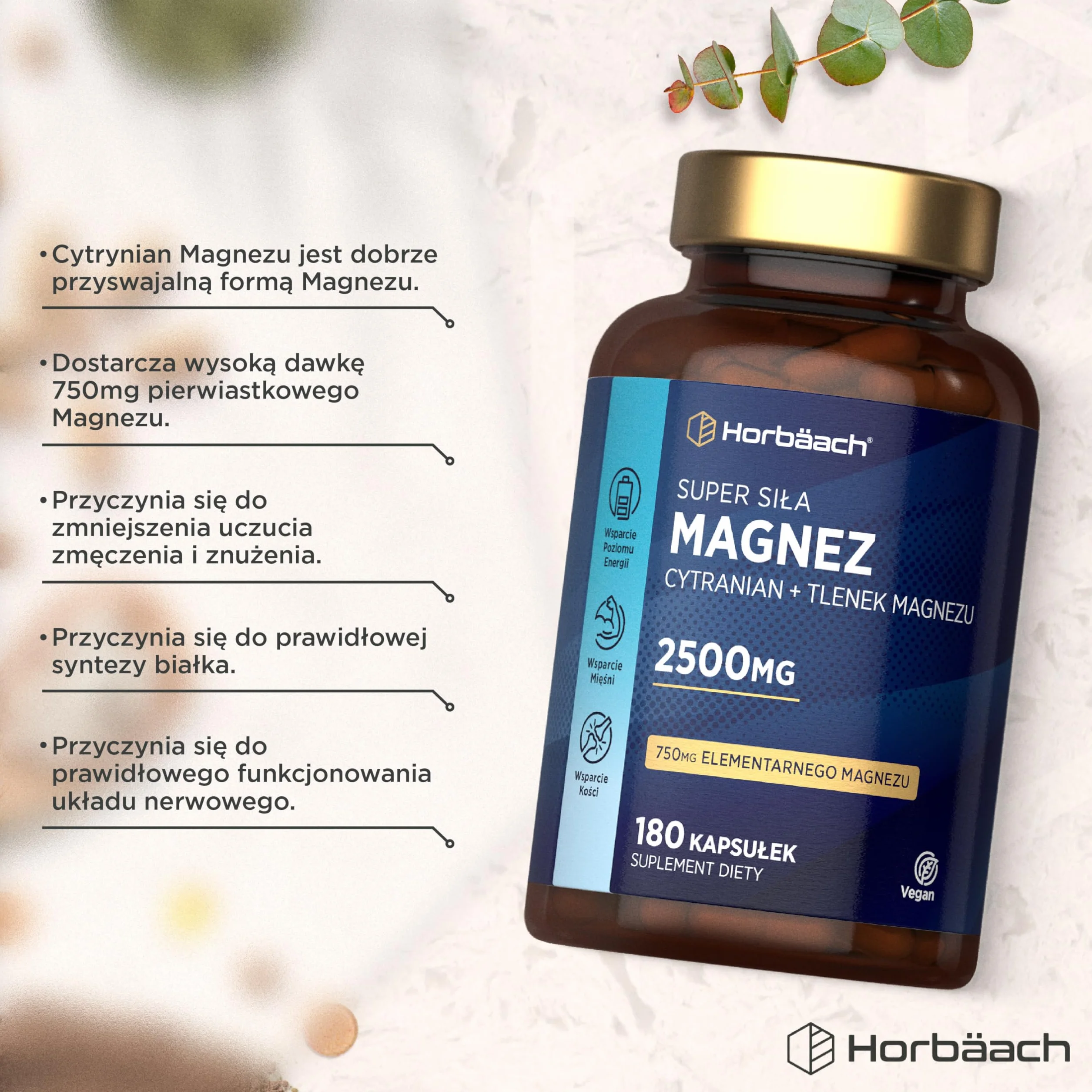 Cytranian Magnezu 2500 mg | Wysoka Dawka 750 mg Czystego Magnezu (Magnez Elementarny) | Cytryniany i Tlenki | 180 Kapsułek Wegańskich - Zapas na 2 Miesiące | marki Horbaach