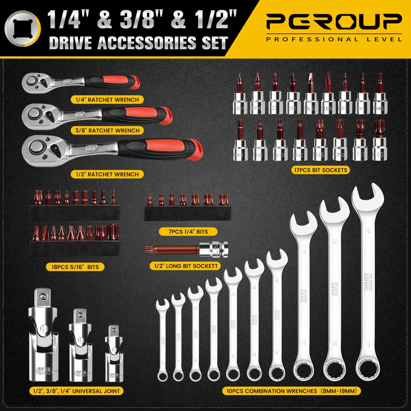 123-częściowy zestaw nasadek napędowych 1/10.2 cm 3/20.3 cm 1/5.1 cm, płytkie i głębokie, zestaw narzędzi mechanicznych, standardowe 6-punktowe rozmiary metryczne (4 mm-32 mm), stal