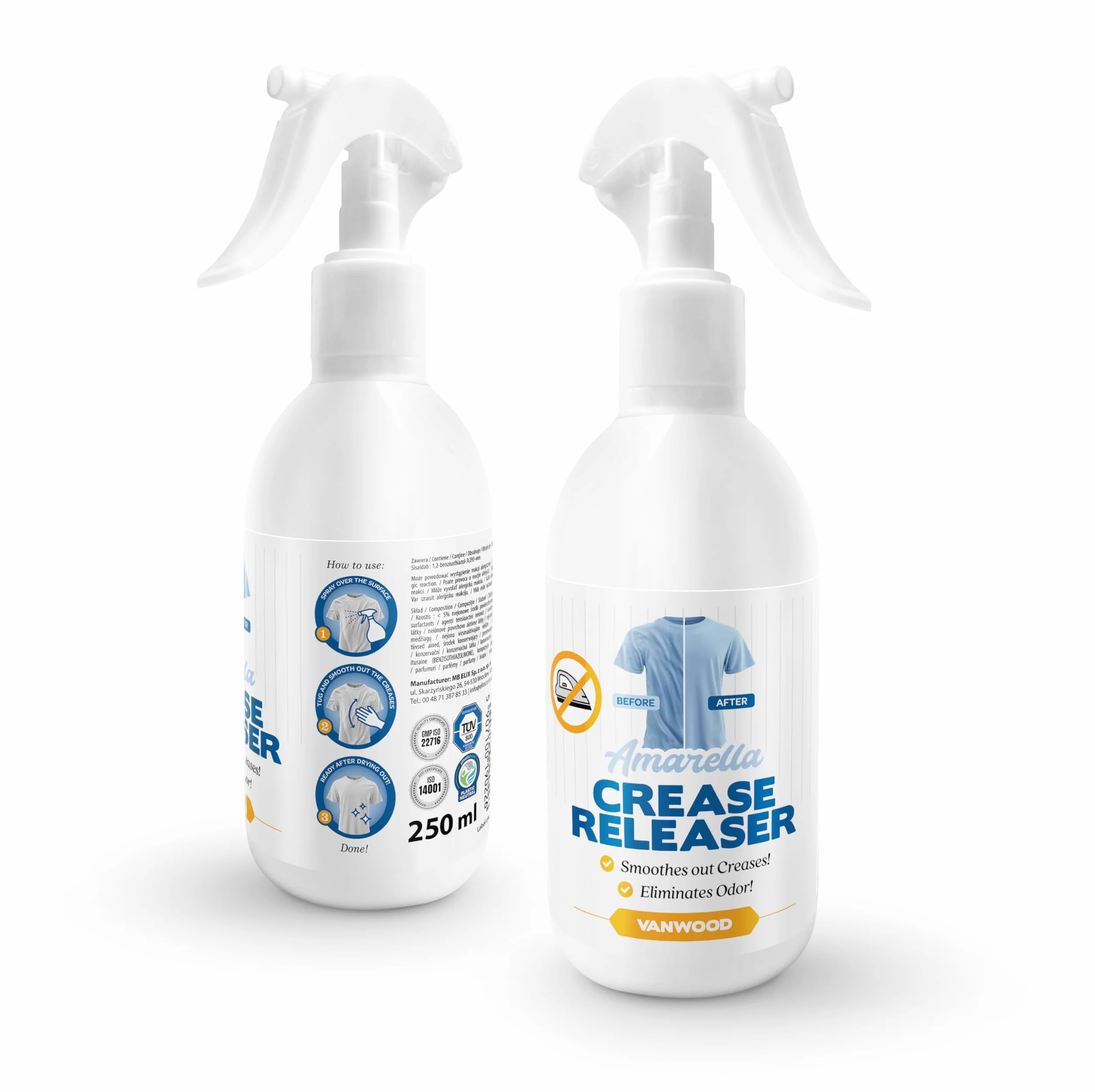 AMARELLA żelazko w sprayu zapach Crease Releaser Vanwood 250 ml wygładza prasowanie bez żelazka