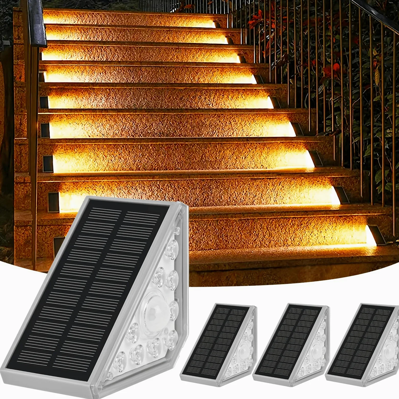 Weinsamkeit Lampy solarne do użytku na zewnątrz z czujnikiem ruchu, zestaw 4 solarnych oświetlenia schodów do użytku zewnętrznego – 1200 mAh/3000 K ciepła biel/IP65, wodoszczelne solarne oświetlenie