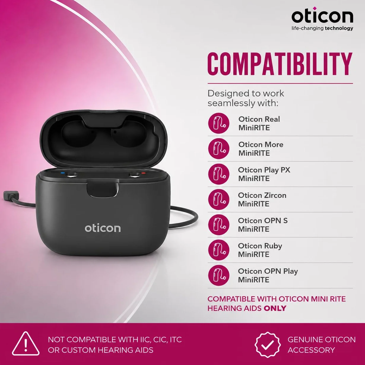 Inteligentna ładowarka Oticon 1.0 – kompatybilna tylko z aparatami słuchowymi Oticon Real, More, Play PX, Cyrkon, OPN S, Ruby i OPN Play MiniRITE