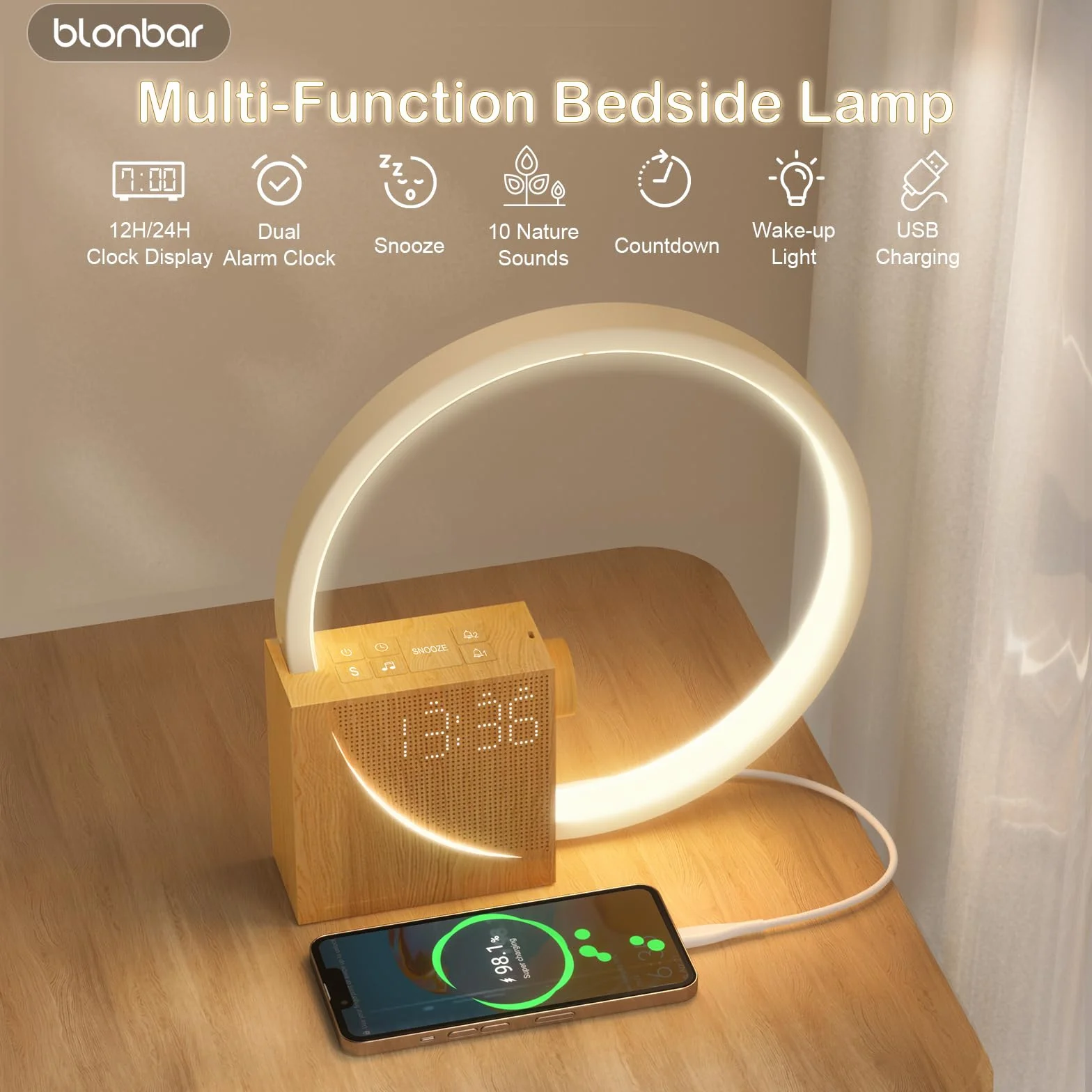Blonbar Lampka Nocna z Budzikiem Świetlnym Wake Up, Lampa Stołowa z Ładowaniem USB 10W, Sterowanie Dotykowe, Ściemniana