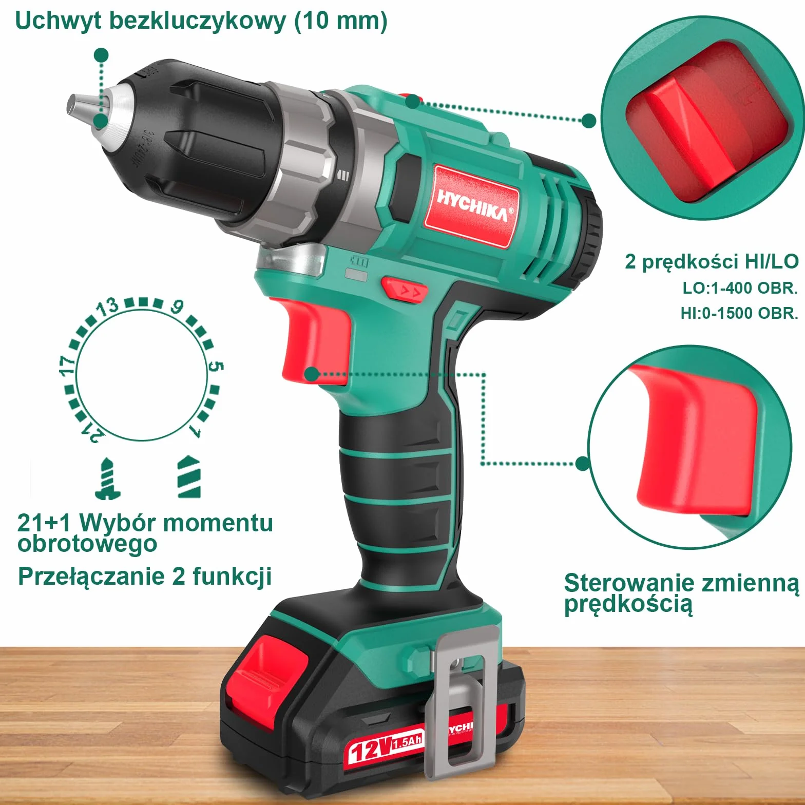 Wiertarka Akumulatorowa 12V, Hychika Wiertarka Elektryczna 30N-M Max Moment Obrotowy Z Akumulatorem 1500Mah, 21+1 regulacji prędkości, 2 regulacje prędkości, 27 akcesoriów, dioda LED