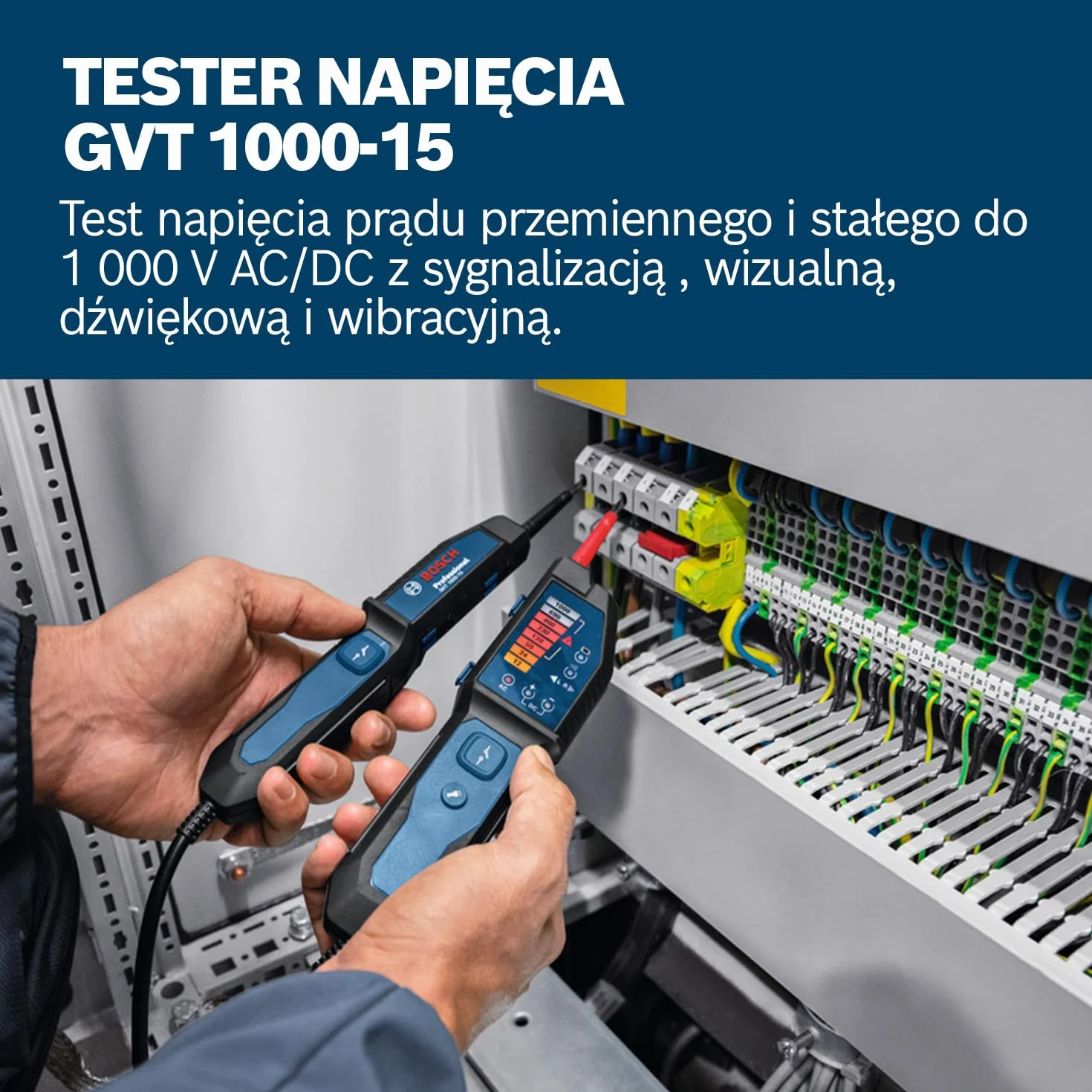 Bosch Professional Tester napięcia GVT 1000-15 (pomiarynapięcia do 1000 V AC/DC, wizualna informacja zwrotna LED, brzęczyk, alarmy wibracyjne, przewody o długości 125 cm, 2x1,5 V LR03 (AA))