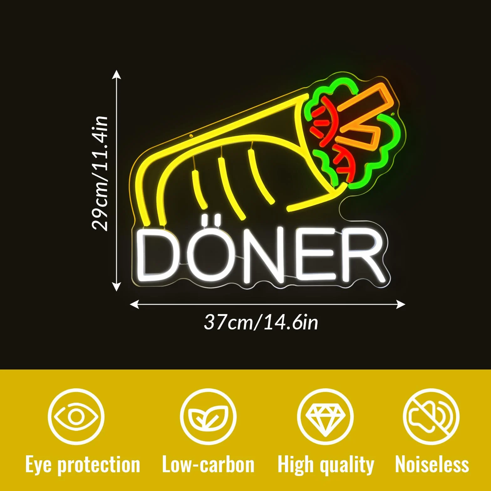Döner Neonowy szyld, kebab szyld reklamowy, tabliczka świecąca LED, zasilanie USB z przełącznikiem ściemniania, do sklepów, kebabów, kebabów, sklepów z kebabem (kebab)
