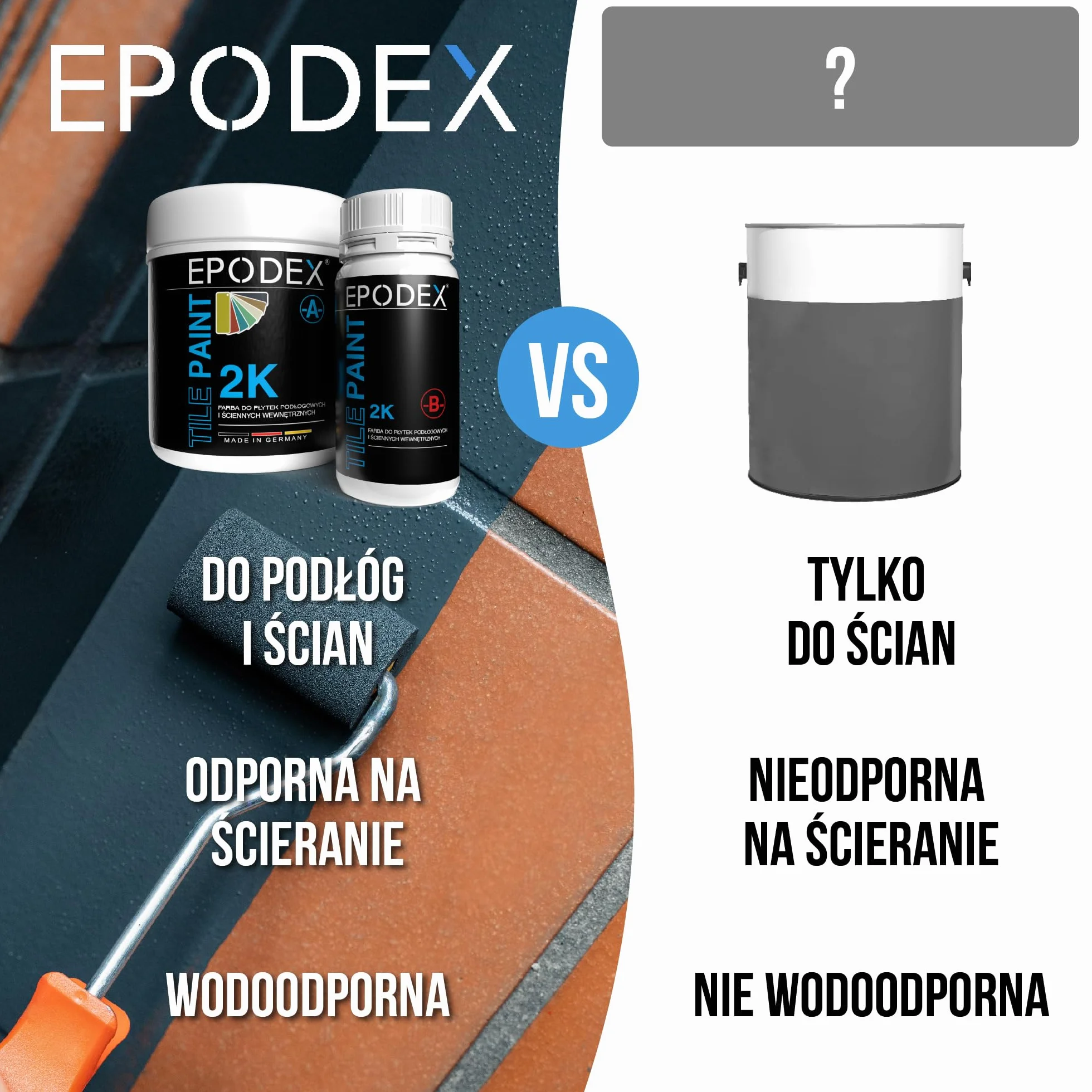 EPODEX Lakier do płytek 2K – Farba epoksydowa na ściany i podłogi do łazienki i kuchni – Biały, szary, beż i inne kolory - 1,8 kg (7 m² dla 2 warstw)