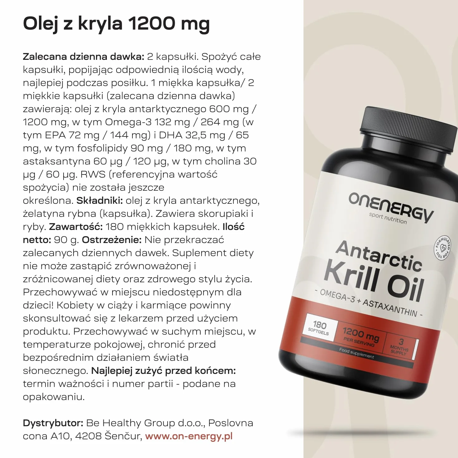 Olej z kryla 1200 mg Omega-3 cholina astaksantyna 180 kapsułek