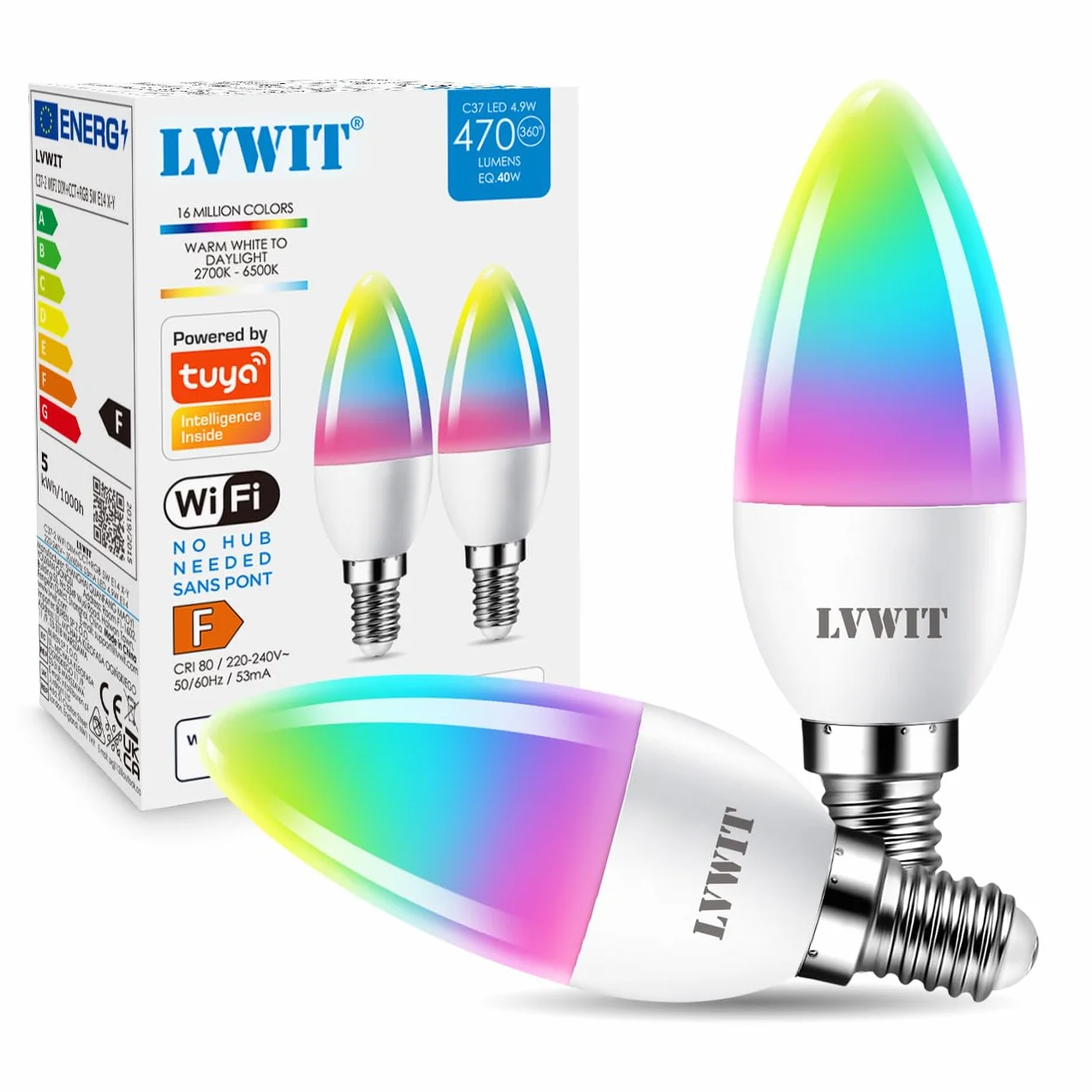 LVWIT Alexa żarówka E14 LED Wi-Fi 4,9 W ściemniana Smart RGB 2700 K-6500 K 470 lm kompatybilna z Google Home Alexa Echo 2 sztuki