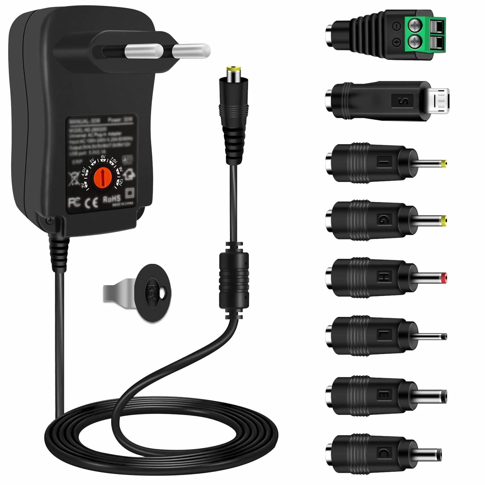 30 W Uniwersalny zasilacz AC na DC 3 V, 4,5 V, 5 V, 6 V, 7,5 V, 9 V, 12 V, 1 A, 2 A, 2000 mA, 2000 mA, maks