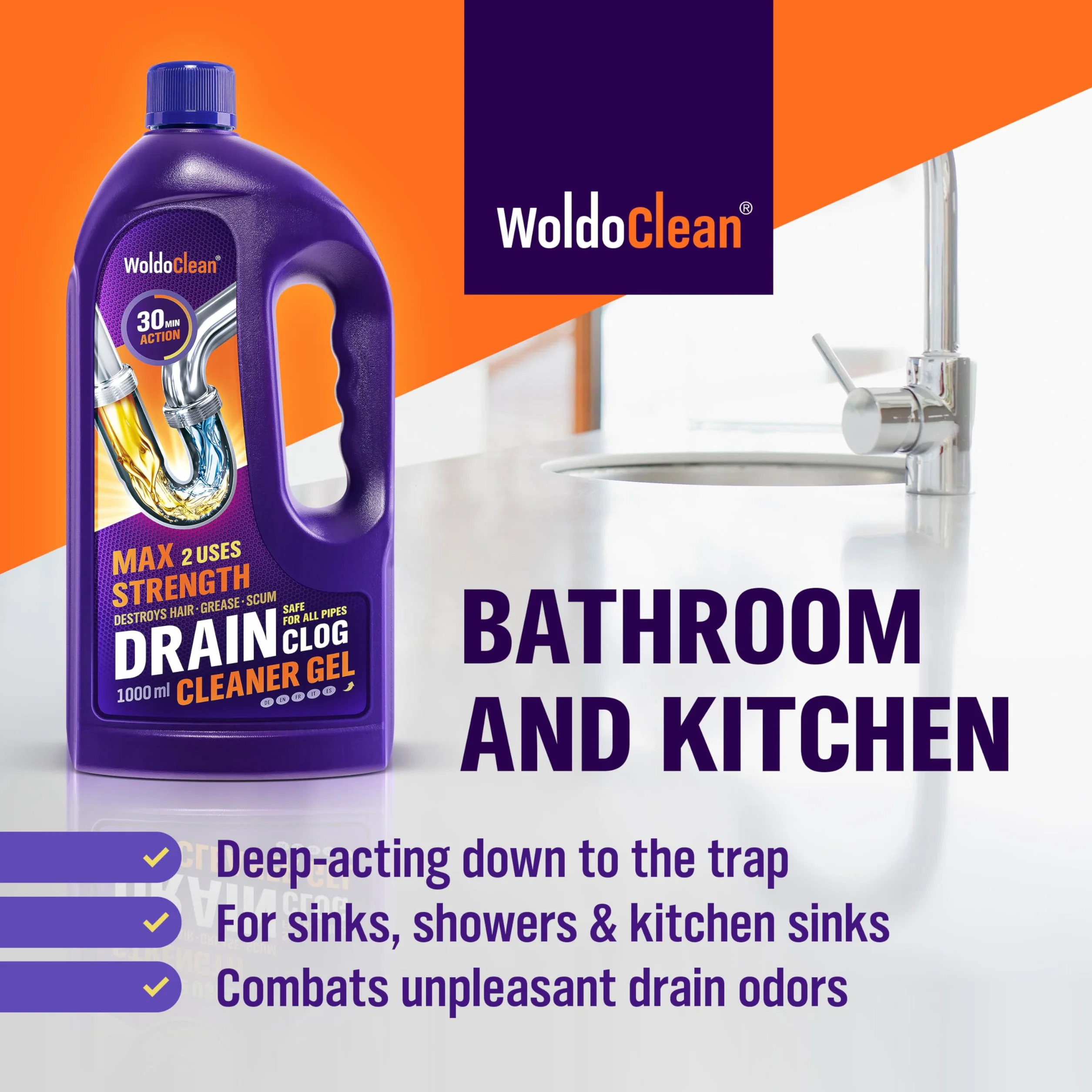 WoldoClean Żel do udrażniania odpływów i rur 1000 ml – ekstremalnie skuteczny na włosy i tłuszcz, środek do udrażniania rur do kuchni i łazienki, do prysznica, umywalki i wanny, działa nawet przez sto
