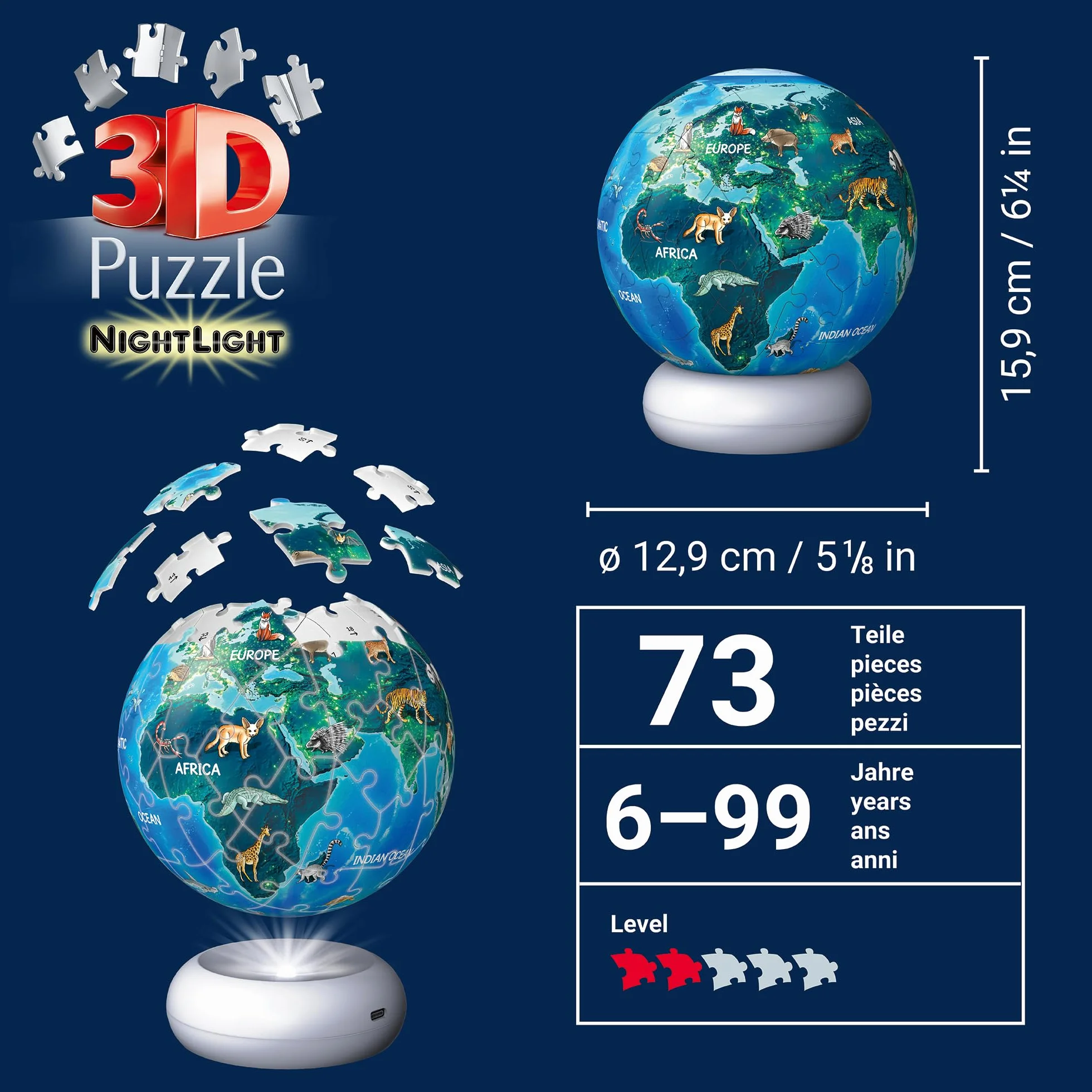 3D Puzzle-Ball Nachtlicht Erde mit Tiermotiven