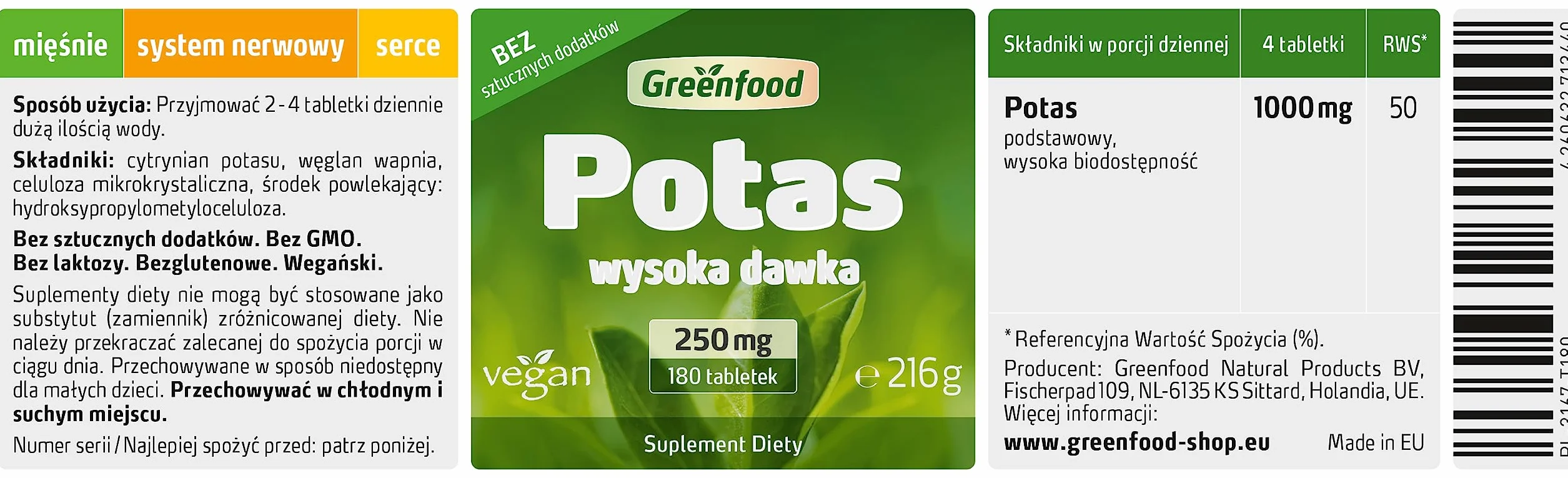 Greenfood Potas 250 mg 180 tabletek wspomaga układ nerwowy mięśnie ciśnienie krwi wegańskie