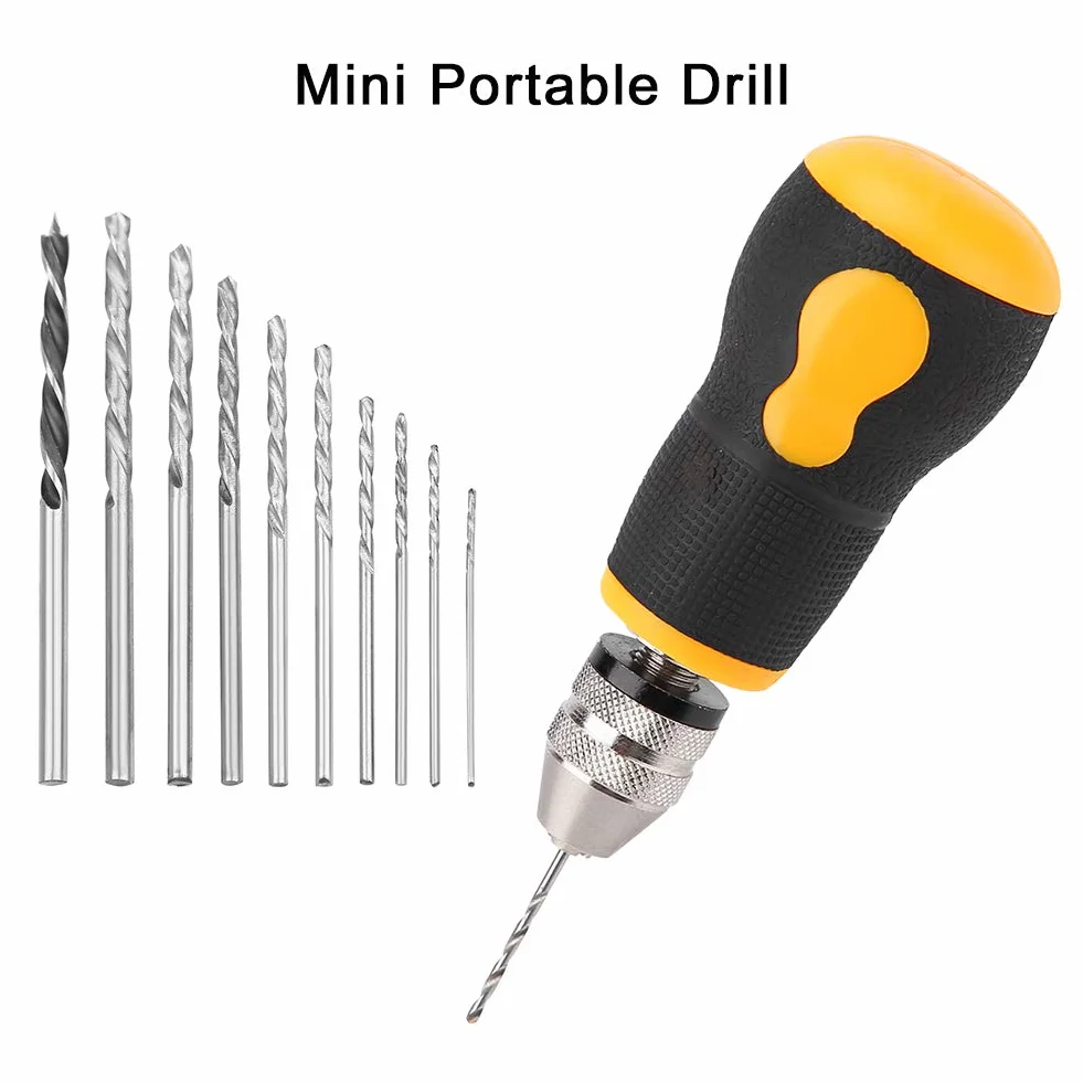 Mini Wiertarka Ręczna, Zestaw 10 Małych Wierteł Ręcznych Wierteł Krętych Micro Mini Przenośny Zestaw Narzędzi 0.8-3.0mm do Biżuterii Modelowej Orzech Bursztynowy Wosk Pszczeli Oliwna Nakrętka
