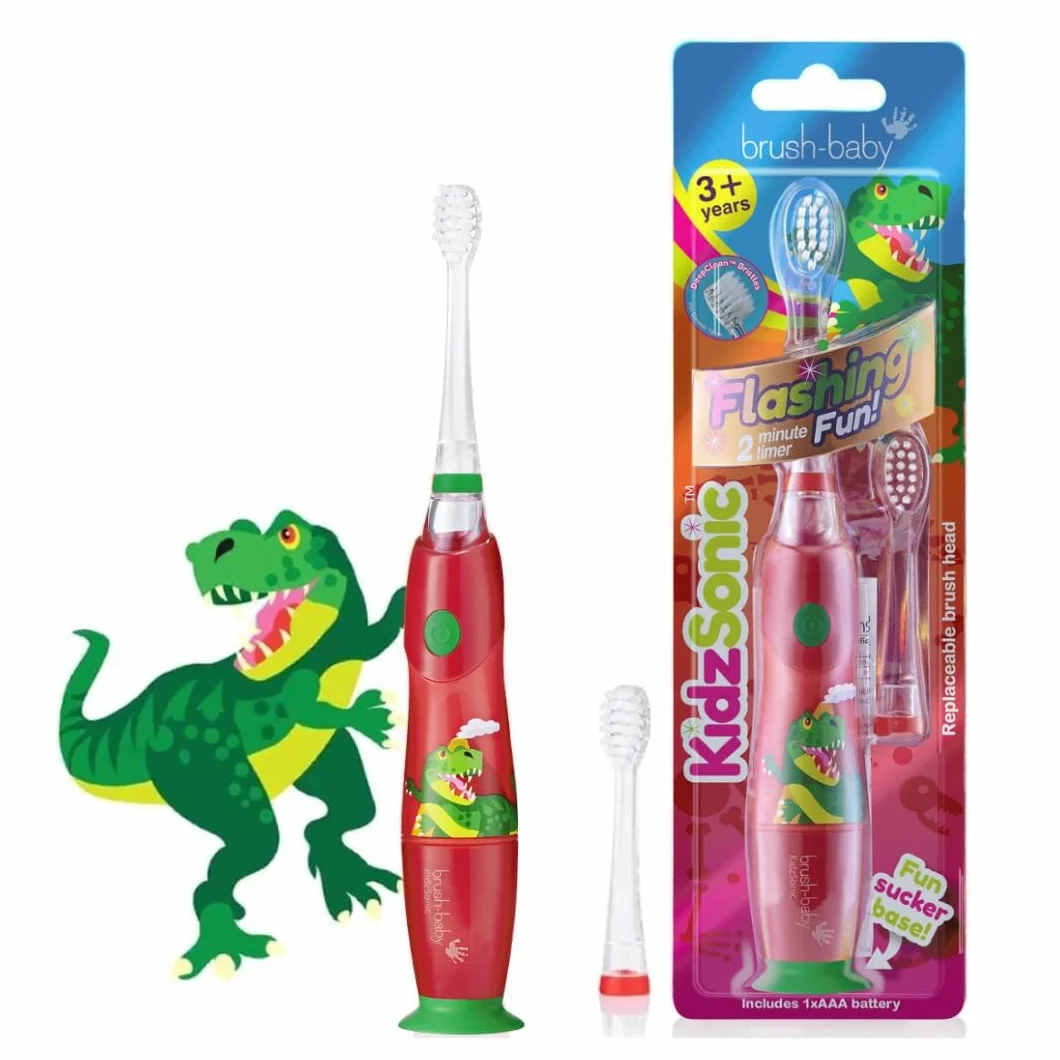 Brush-Baby KidzSonic elektryczna szczoteczka do zębów dla dzieci w wieku 3+ lat – włosie DeepClean, przyssawka – zabawne wzornictwo z migającymi lampkami dyskotekowymi – z 2 zapasowymi głowicami i 1