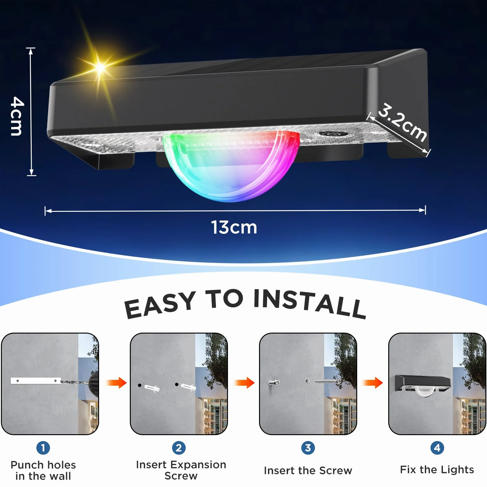 Quntis Solarna lampa ścienna zewnętrzna z efektem wiązki światła, 4 sztuki, 11 trybów świecenia (ciepła biel i zmiana kolorów RGB), IP44, wodoszczelne solarne oświetlenie ogrodzenia, do użytku na