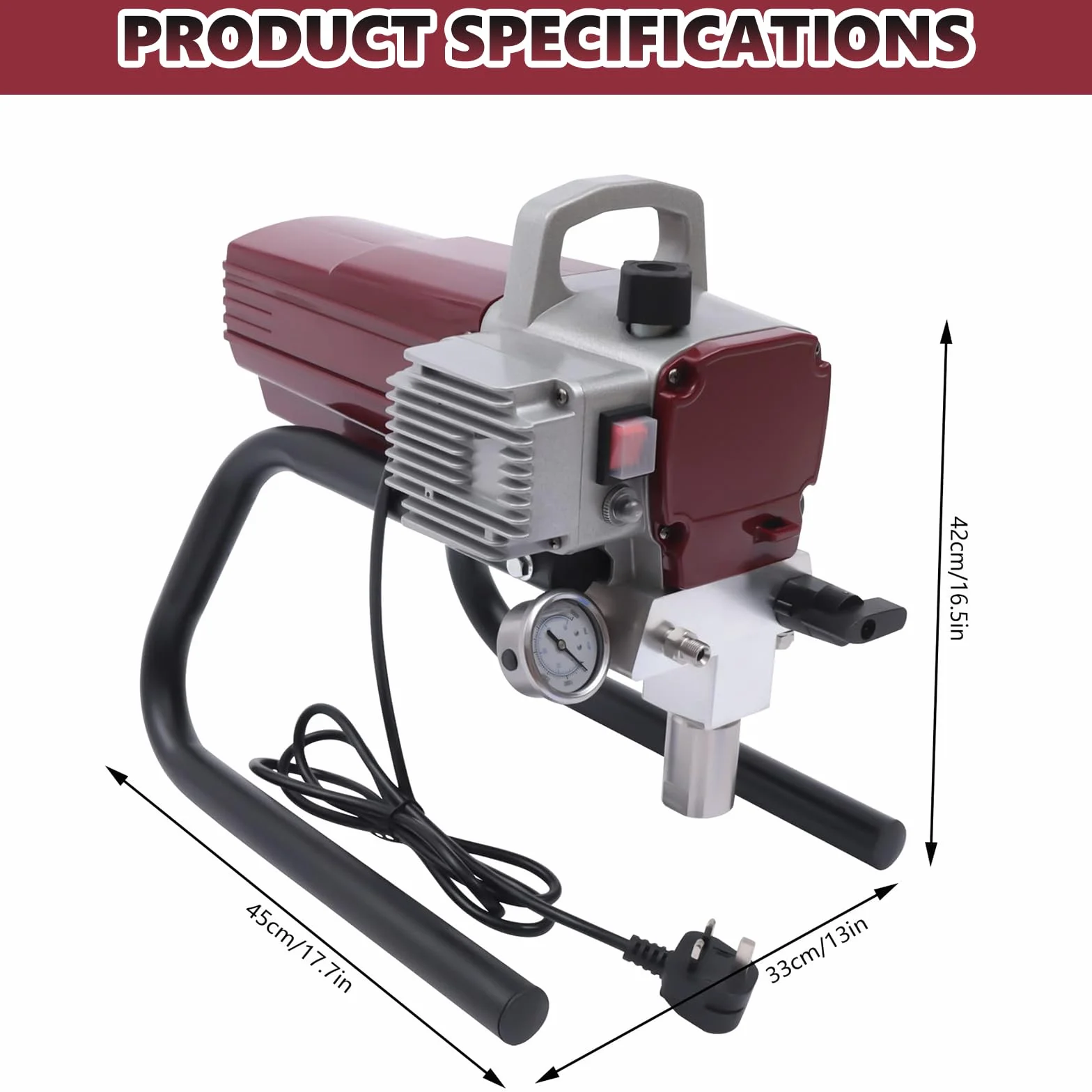 Wysokociśnieniowy Airless agregat natryskowy 1800 W, 1,8 l/min, pionowy spray do malowania z regulowanym ciśnieniem, przedłużenie 50 cm, rura 10 m, manometr do wydajnego malowania ścian