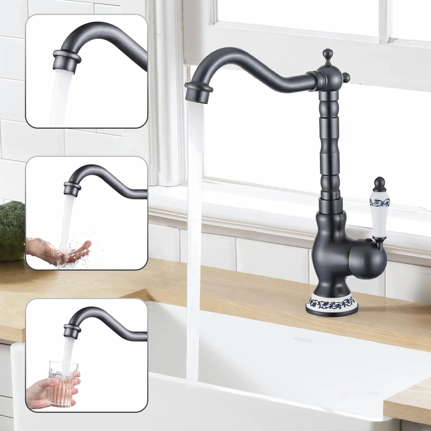 Bateria kuchenna czarna retro mosiężna armatura średniowieczna armatura kuchenna wysoki łuk bateria mieszakowa bateria zlewozmywakowa Faucet
