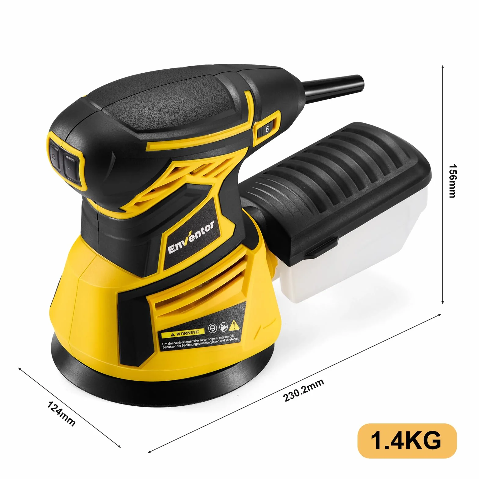 Enventor Szlifierka mimośrodowa 125 mm, 350 W, 6000-13000 OPM, 6 biegów, wielofunkcyjna szlifierka z odsysaniem i pojemnikiem na kurz, szlifierka w zestawie 20 sztuk papieru ściernego do powierzchni