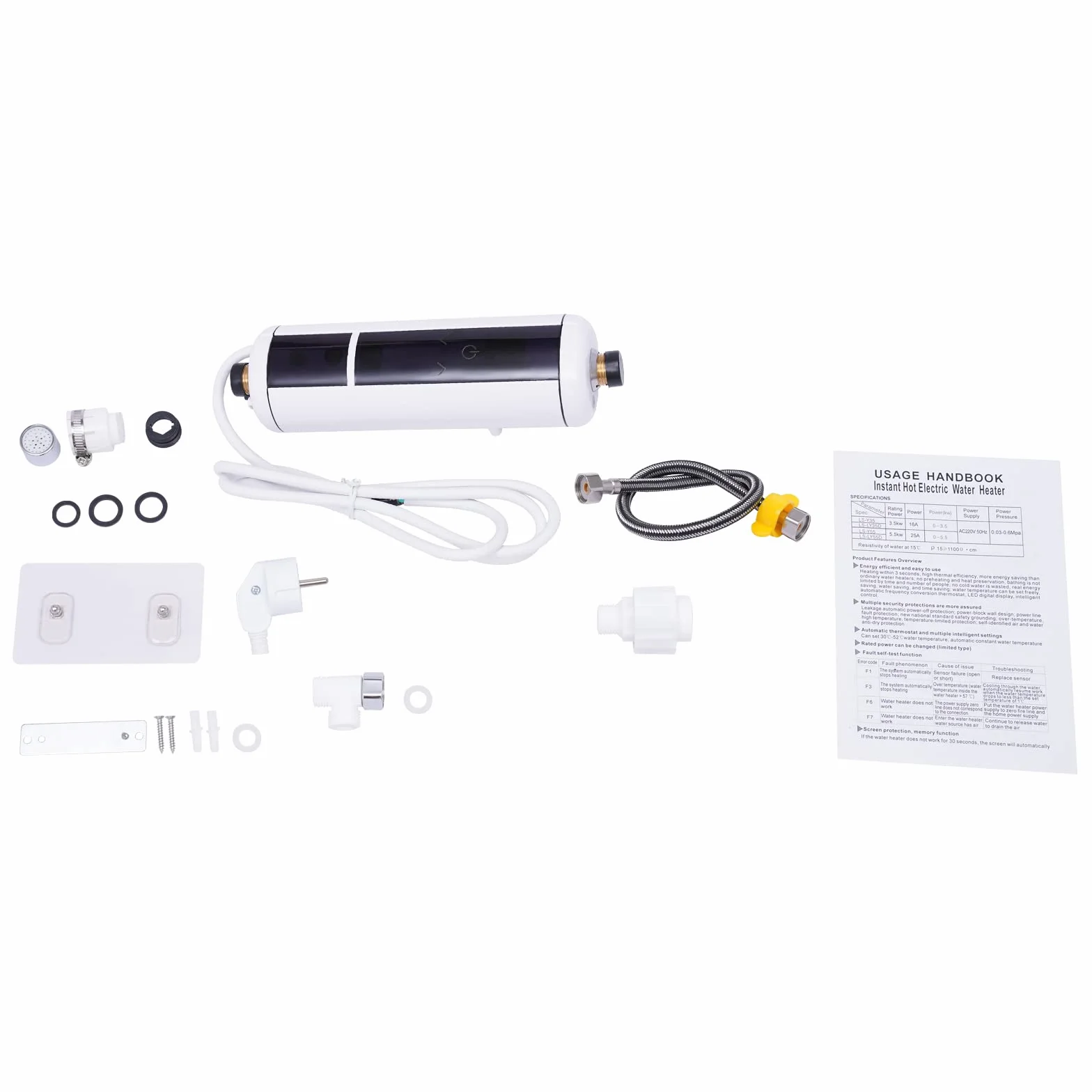 Mini podgrzewacz przepływowy, elektroniczny termostat, natychmiastowa gotowość do ciepłej wody 30-52℃, 3500 W, tworzywo ABS, ze wskaźnikiem temperatury LED, do łazienki, kuchni, biały