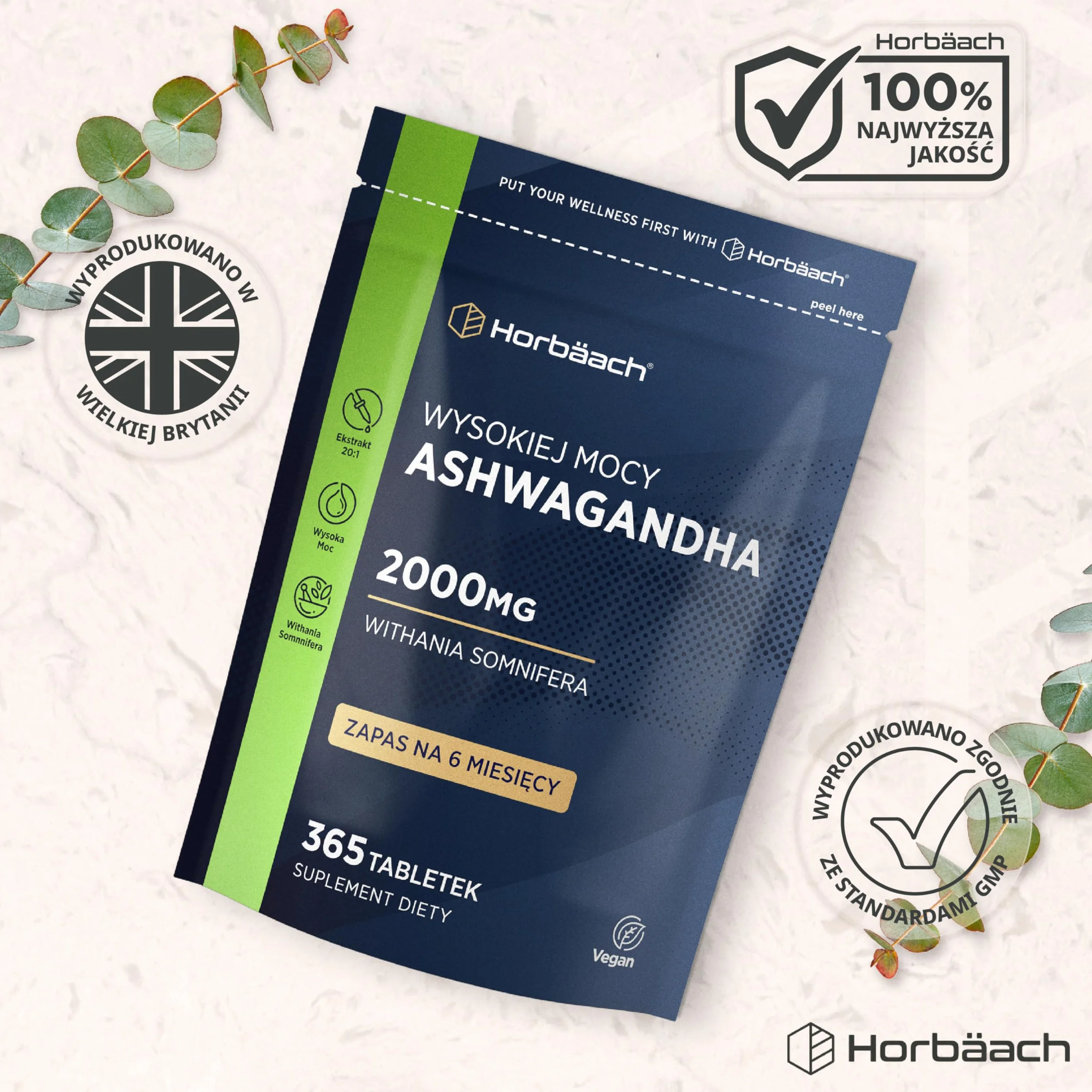 Ashwagandha KSM-66® 1200mg (BIO) | 5% Witanolidów | Organiczny Suplement w Proszku z Korzenia Ashwagandhy | Wysoka moc | 180 Kapsułek Wegańskich | marki Horbaach