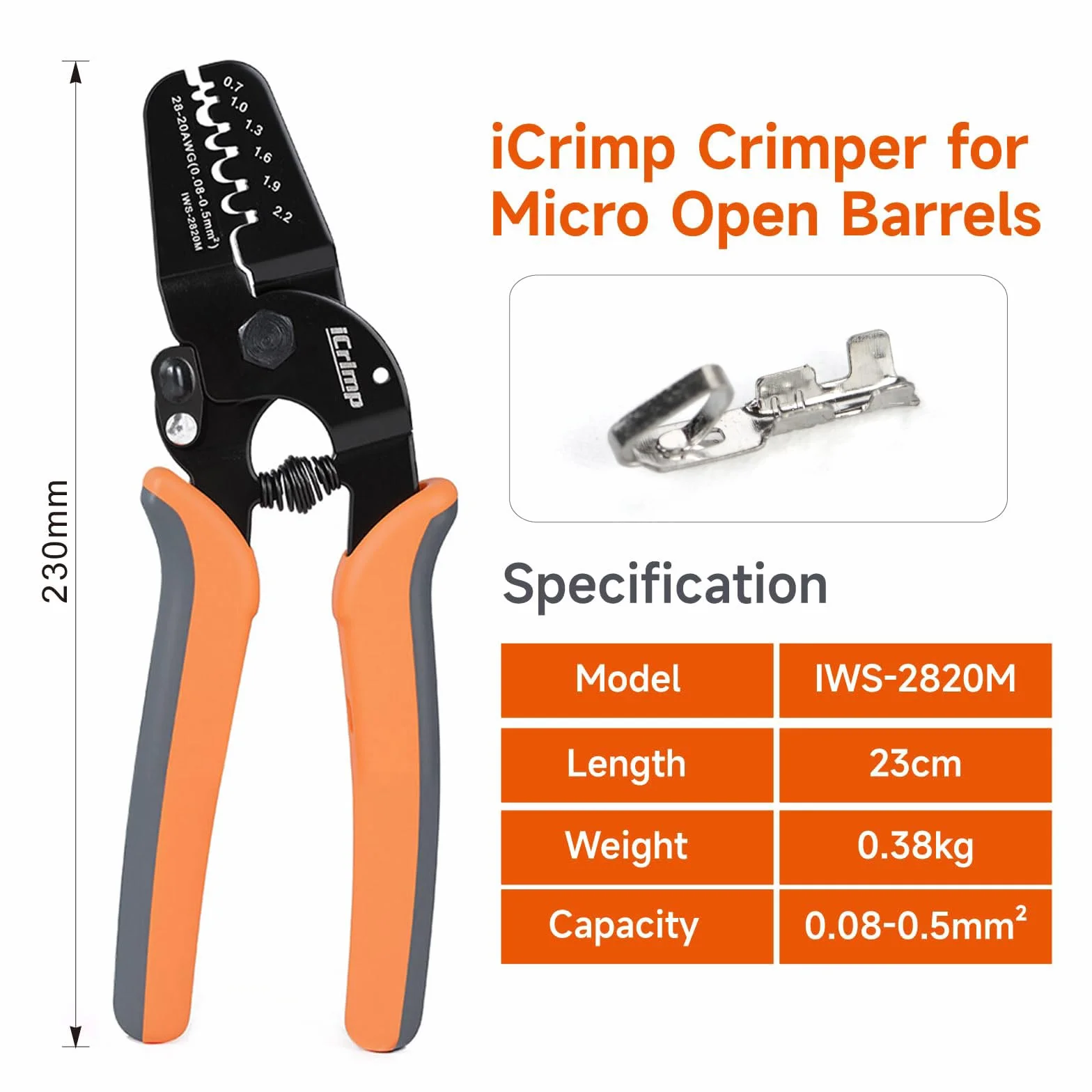 iCrimp Mini szczypce zaciskowe z otwartym cylindrem, współpracują z 0,08 – 0,5 mm², Molex, Tyco, zaciski JST i przyłącza