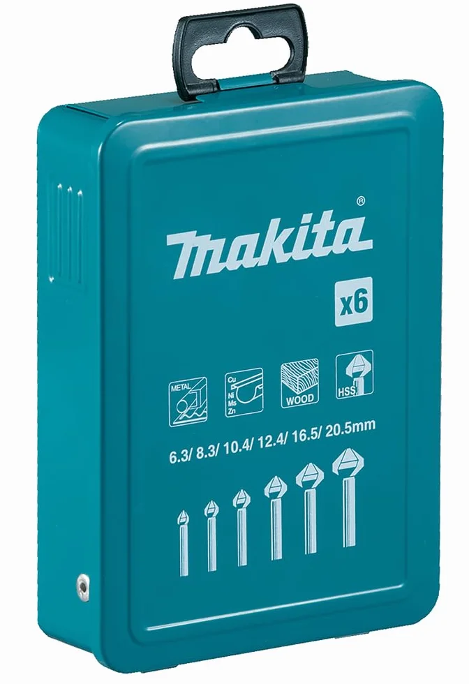 Makita D-42204 6-częściowy zestaw pogłębiaczy stożkowych w metalowej kasecie, cięcie 90°, Ø 6,3 – 20 mm, stal HSS, do np. metalu, metalu nieżelaznego lub drewna, DIN335, trzpień okrągły