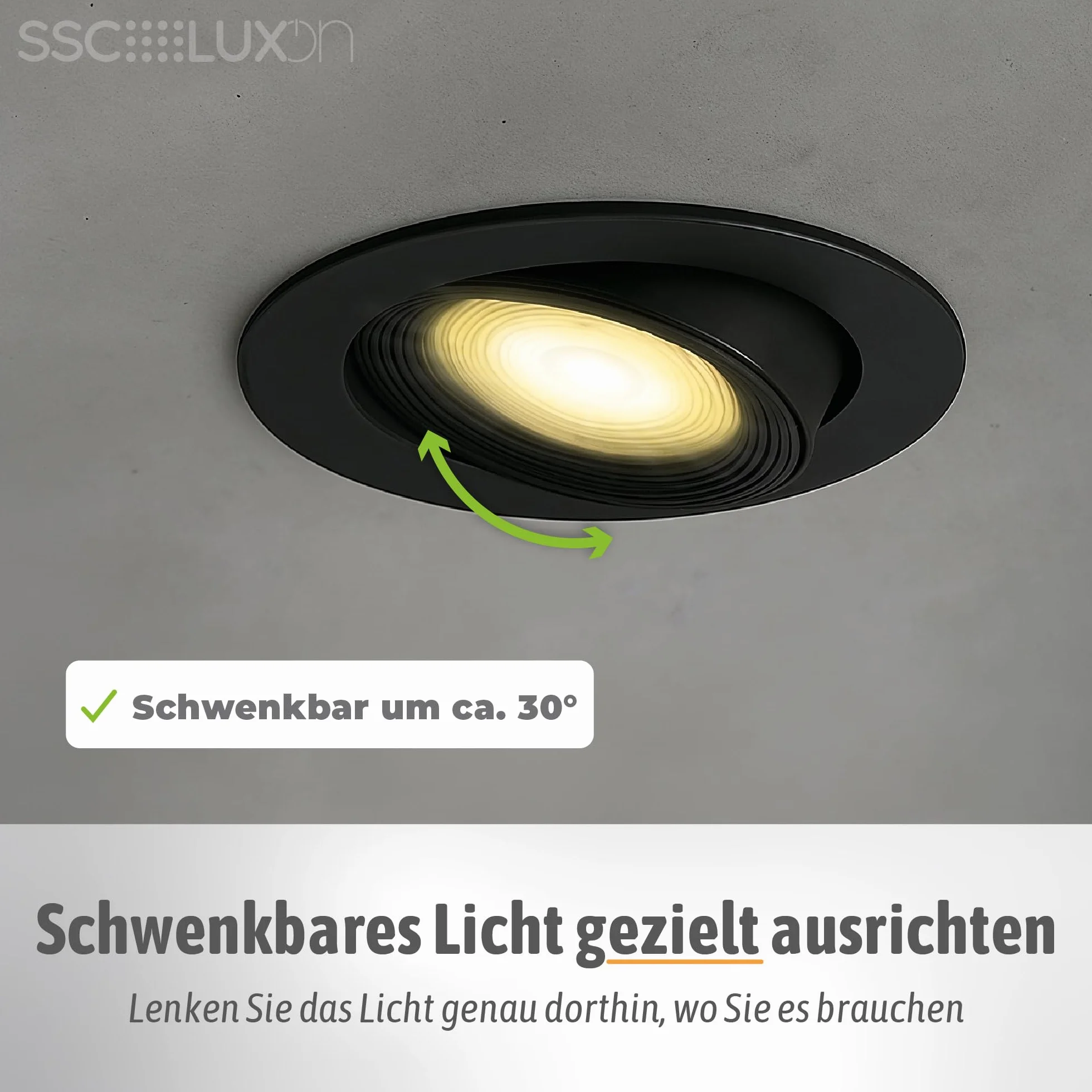 SSC-LUXon Zestaw 10 reflektorów LED do zabudowy VIONA płaskie, czarne, wychylne – barwa światła ciepła biel, neutralna biel, białe światło dzienne