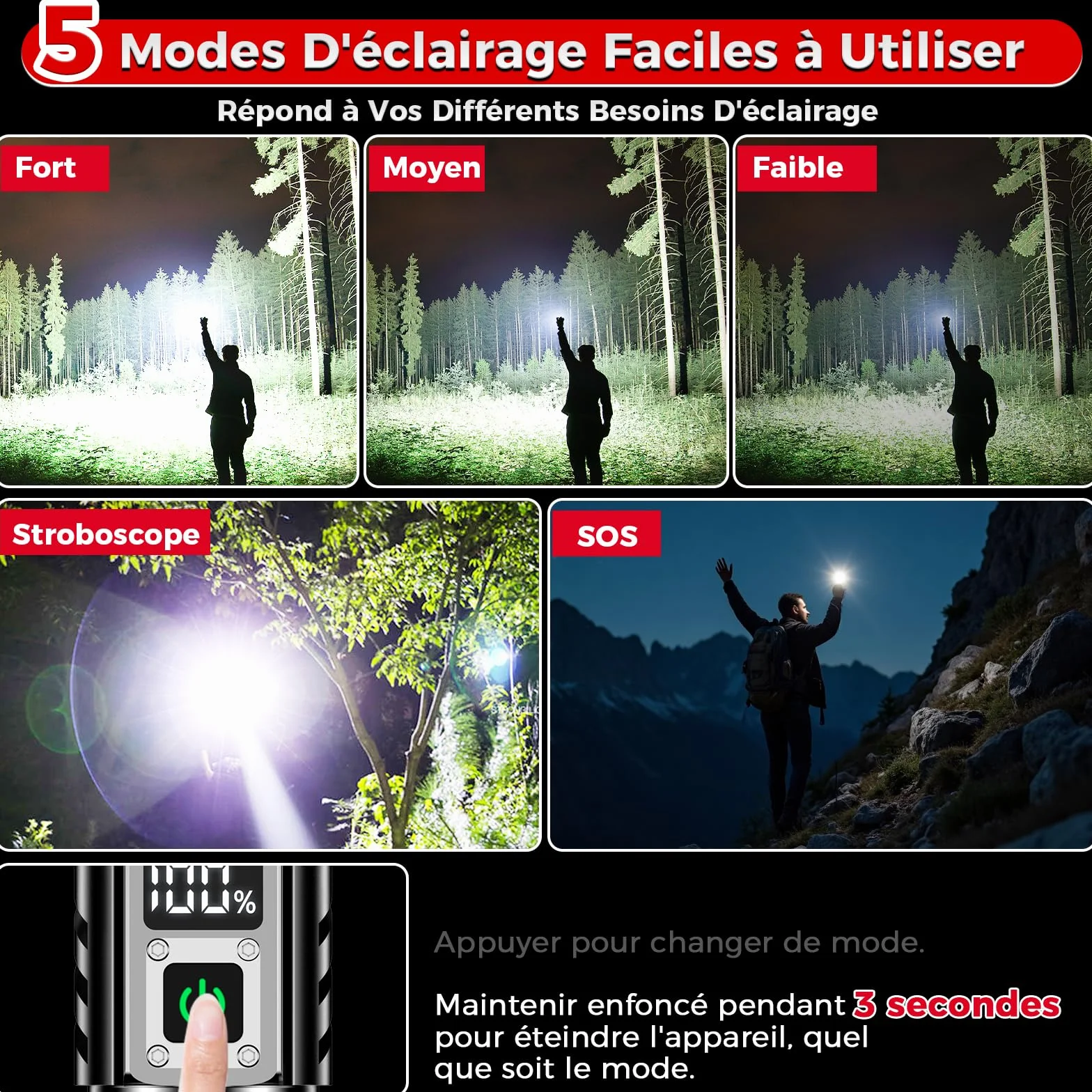 Shadowhawk Latarka Led o dużej mocy 24 godziny, wojskowa latarka ładowalna 1000000 lumenów (bateria 2 x 5000 mAh), dalekiego zasięgu do biwakowania/wędrówek, z wyświetlaczem LCD