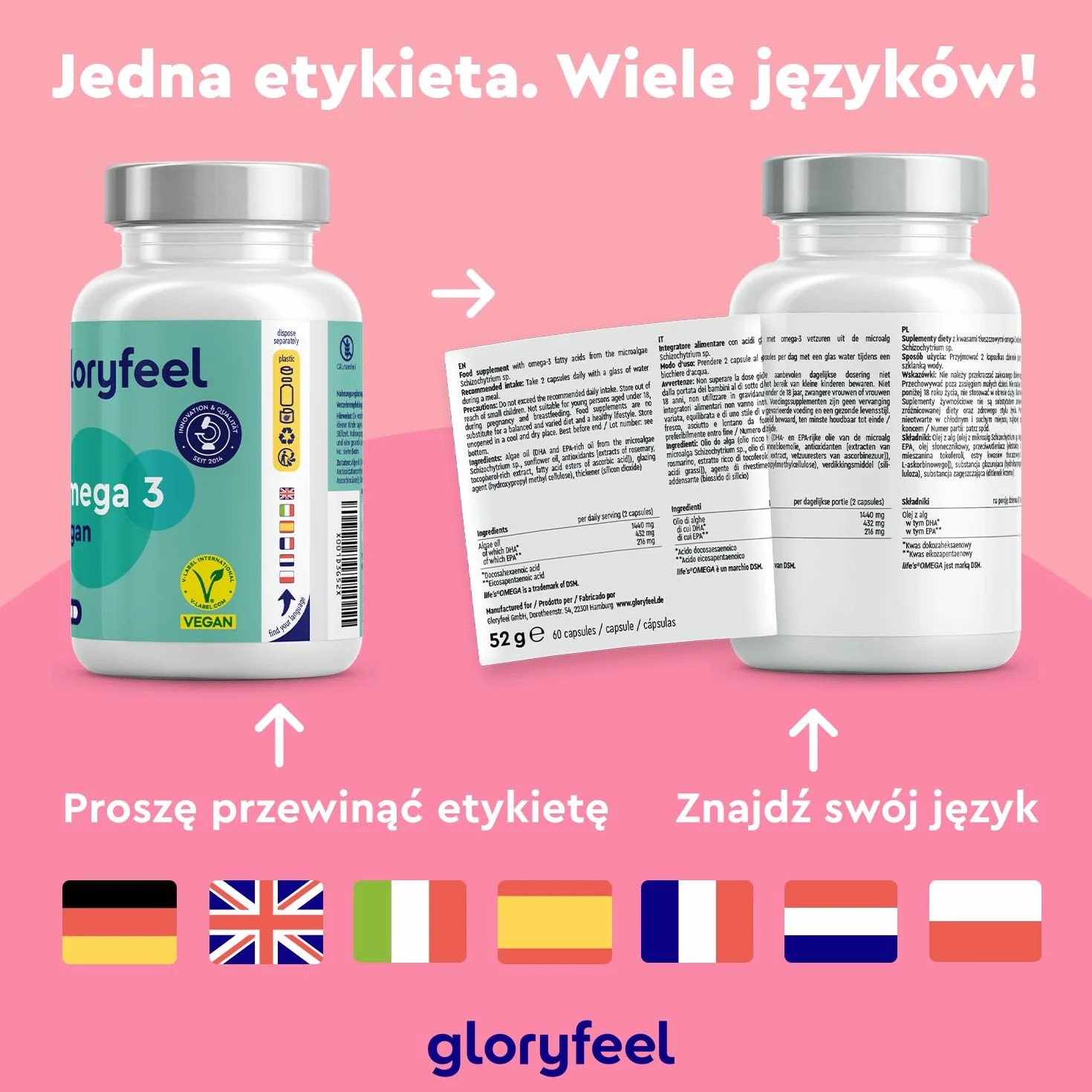 Omega-3 wegańskie z oleju z alg (1440 mg), kapsułka - markowy surowiec Life's™ OMEGA-wysoka dawka 432 mg DHA i 216 mg EPA (w postaci trójglicerydów) -testowane laboratoryjnie i produkowane w Niemczech