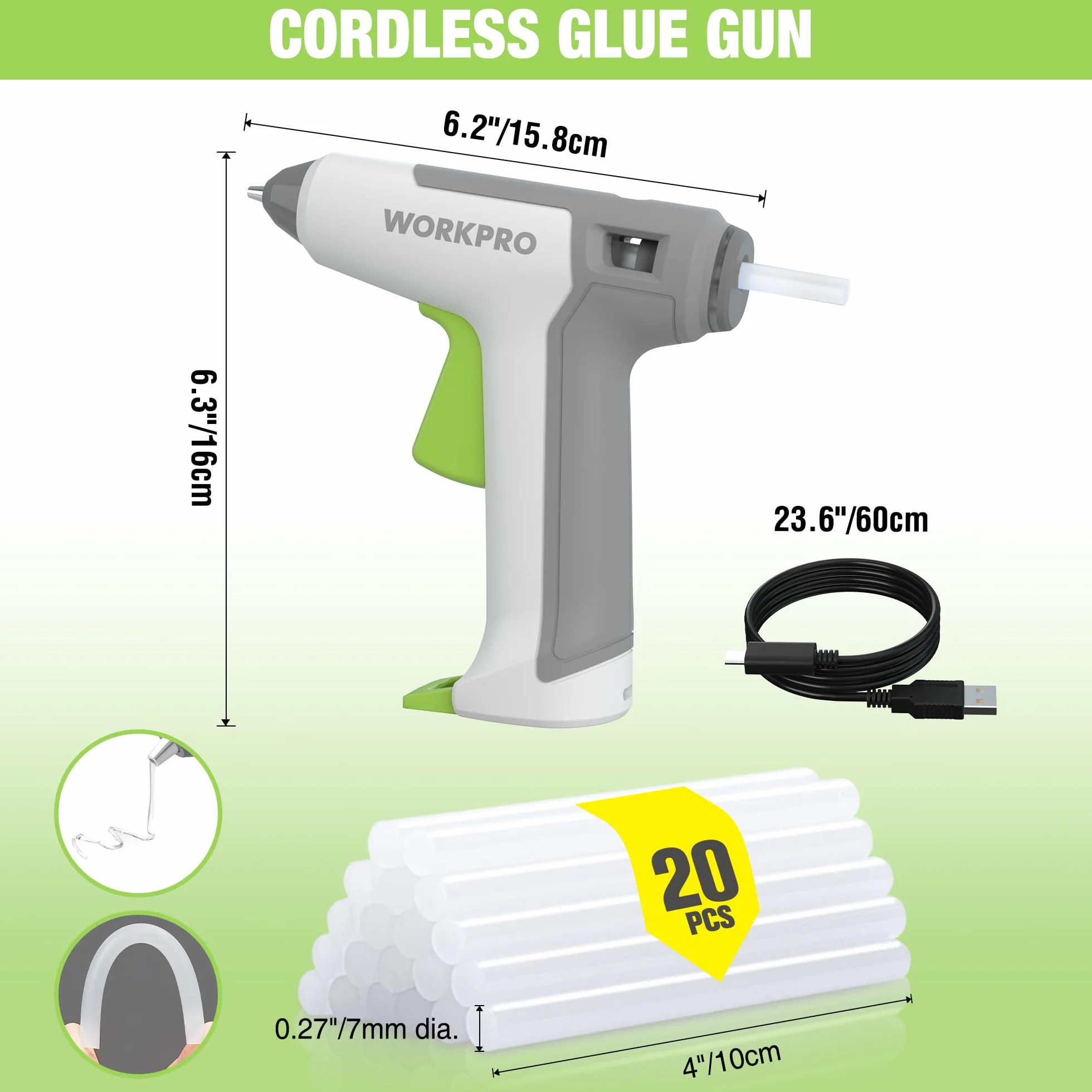 WORKPRO Bezprzewodowy pistolet do klejenia 3,6 V z 20 patyczkami do kleju (7 x 100 mm), szybkie nagrzewanie pistolet do klejenia na gorąco z baterią litowo-jonową 2500 mAh, rękodzieło ze wskaźnikiem